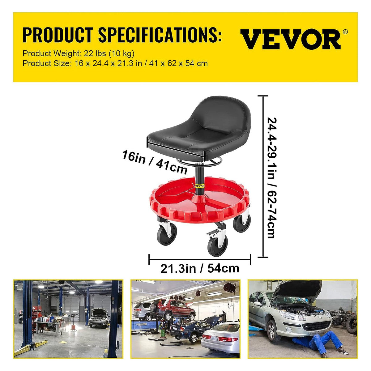 Shop Stool 135KG Rolling Garage Seat 56-66cm Adjustable Height 12.7cm Casters