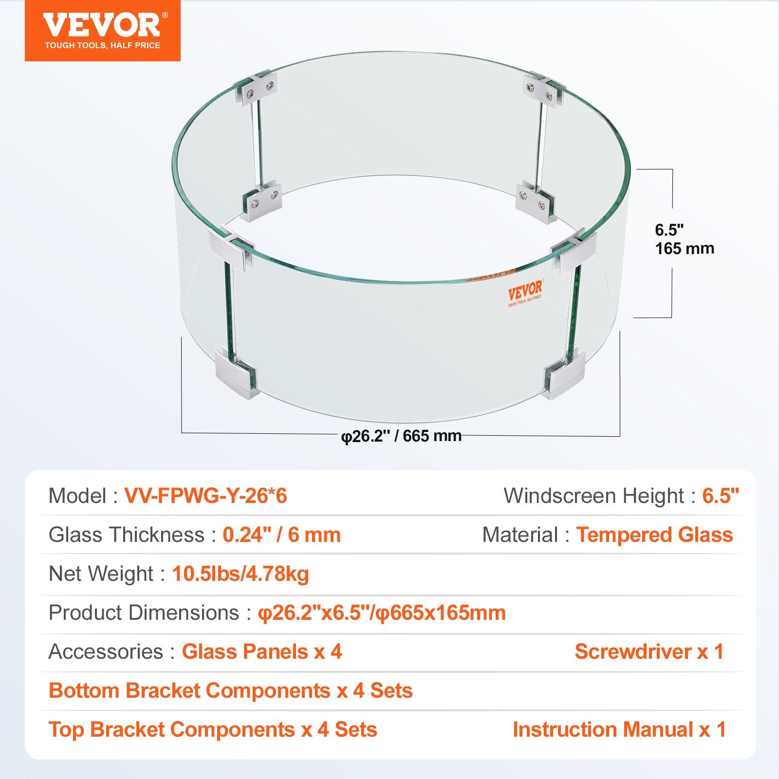 Fire Pit Wind Guard Tempered Glass Flame Guard 26x26x6in 0.24in Thick