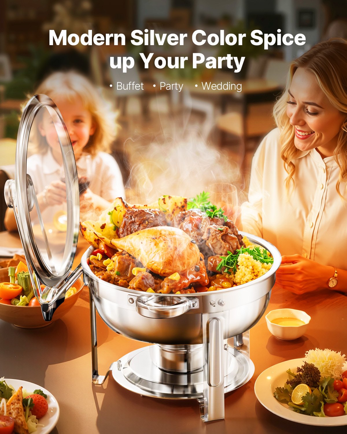 Chafing Dish Buffet Set 5Qt 2Pack Stainless Steel Round Warmer Glass Lid Silver
