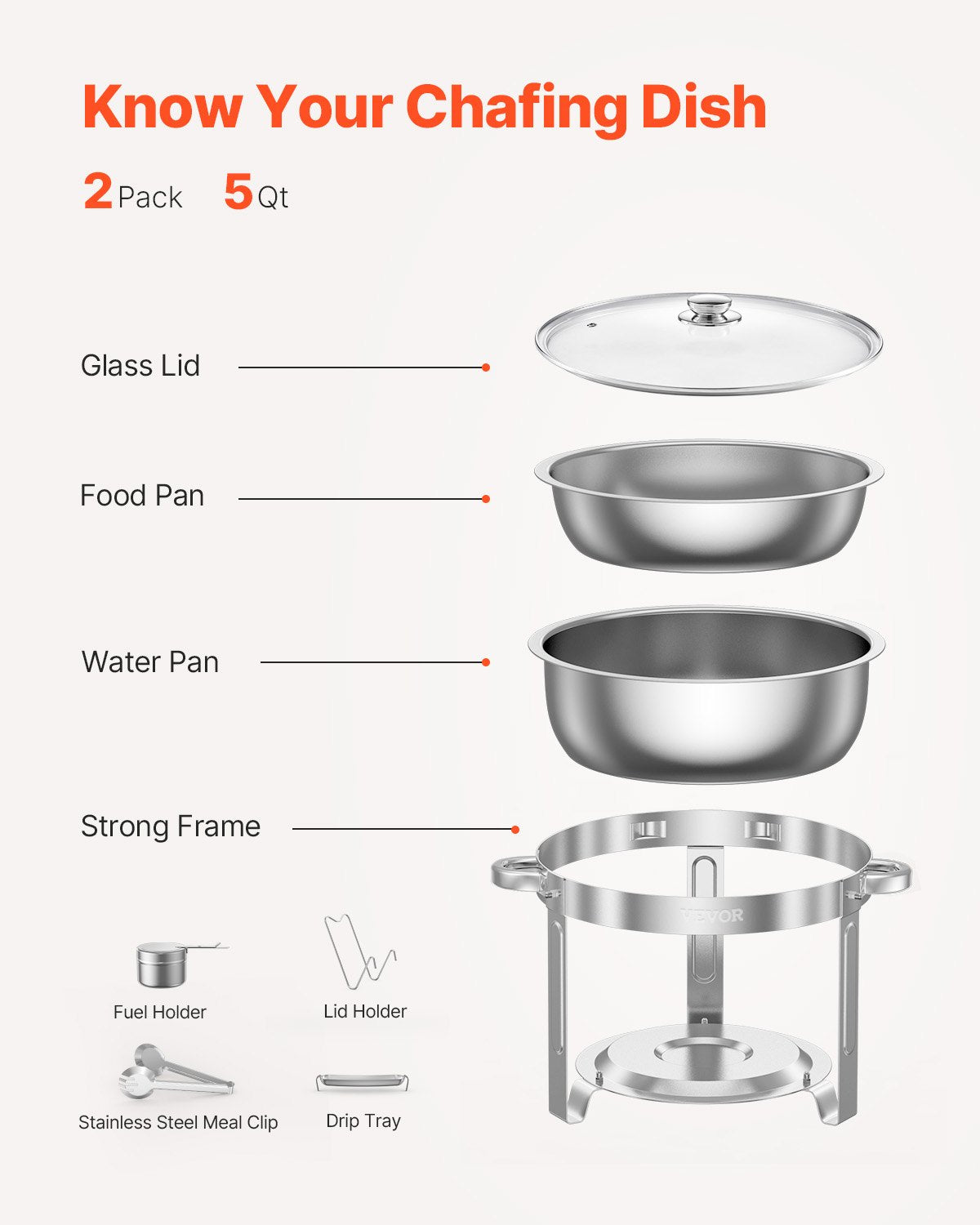 Chafing Dish Buffet Set 5Qt 2Pack Stainless Steel Round Warmer Glass Lid Silver