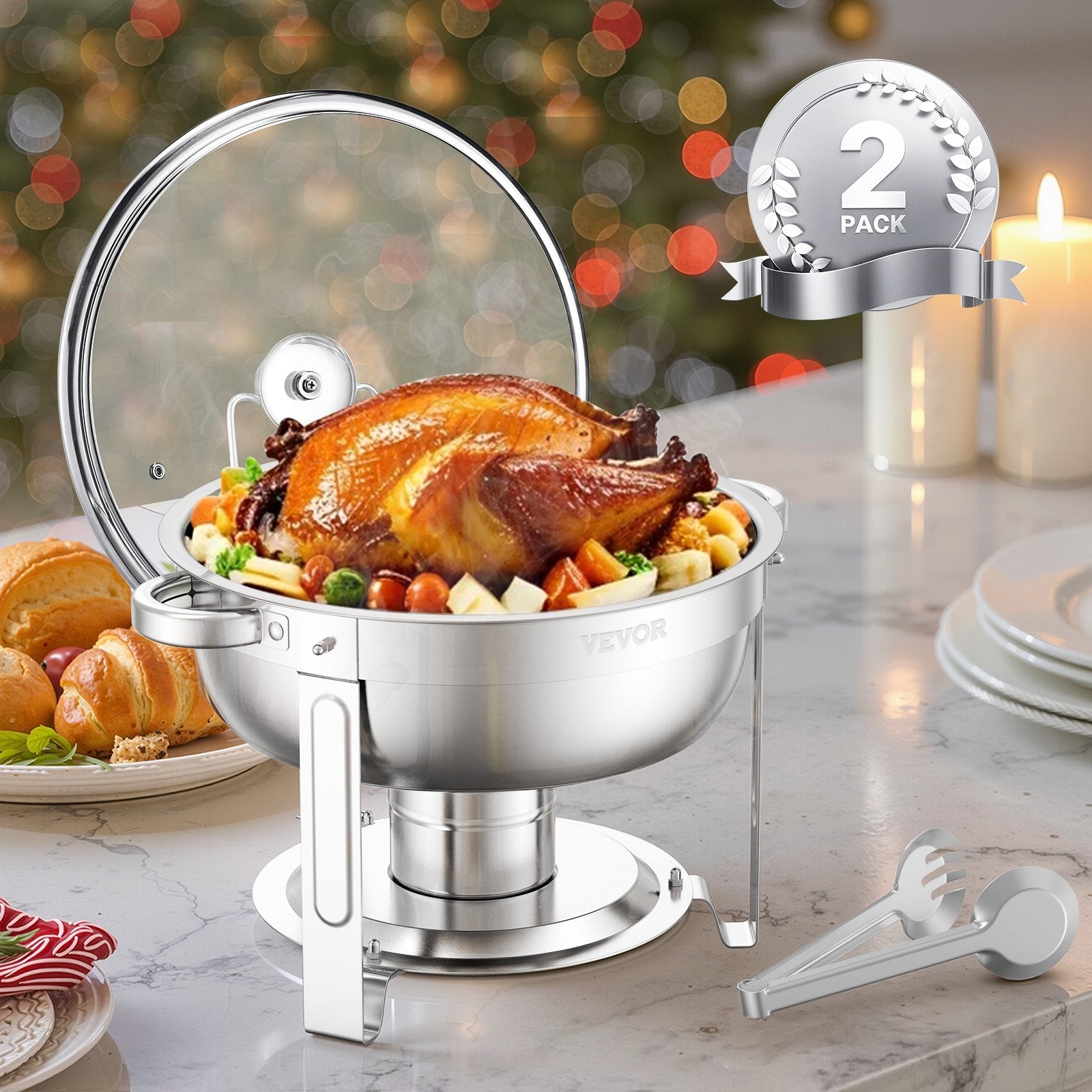 Chafing Dish Buffet Set 5Qt 2Pack Stainless Steel Round Warmer Glass Lid Silver