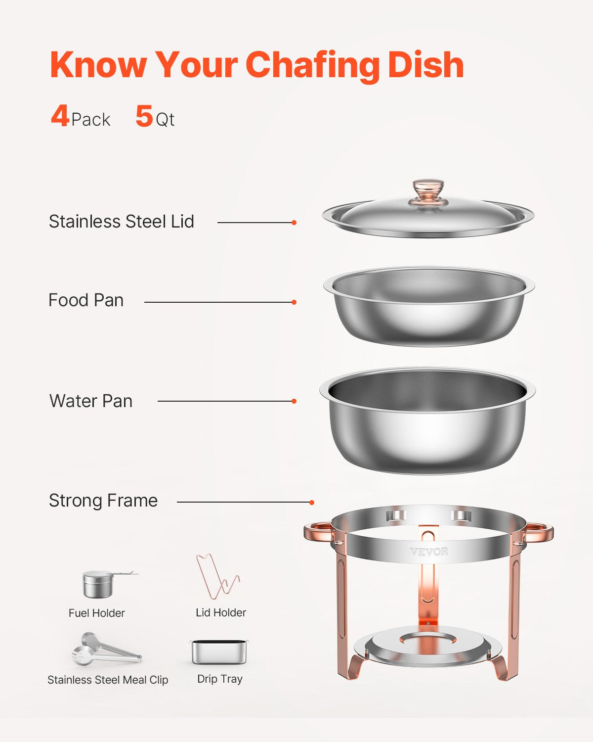 4-Pack 5 Qt Stainless Steel Chafing Dish Set Lid Folding Stand