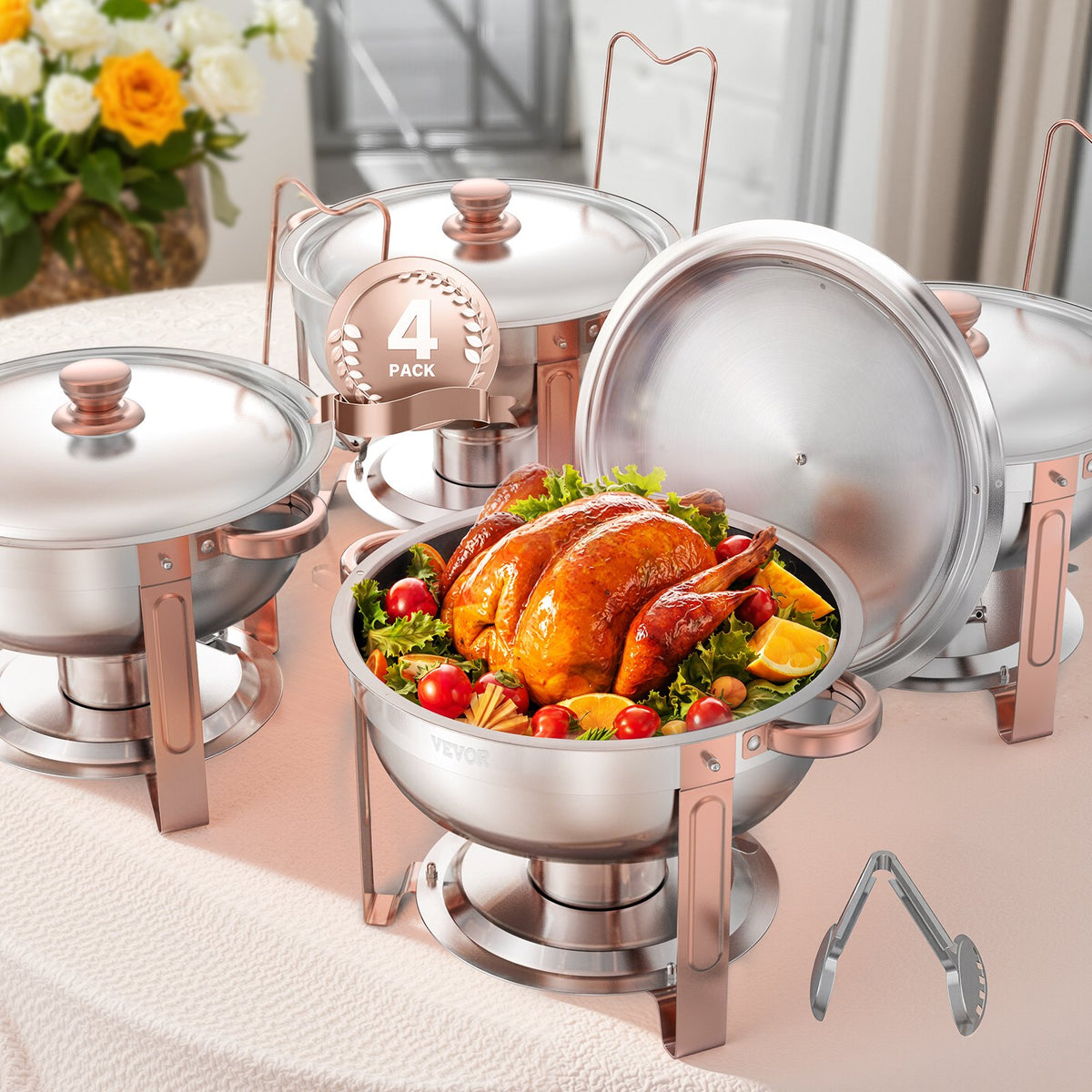 4-Pack 5 Qt Stainless Steel Chafing Dish Set Lid Folding Stand