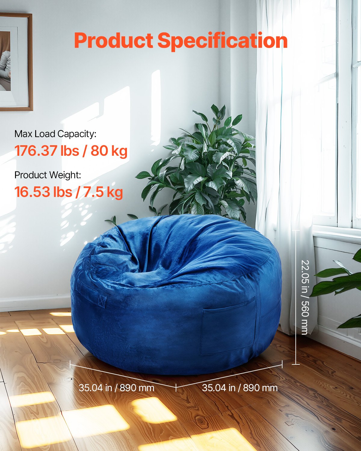 91cm Round Bean Bag Chair with Memory Foam and Removable Cover Blue
