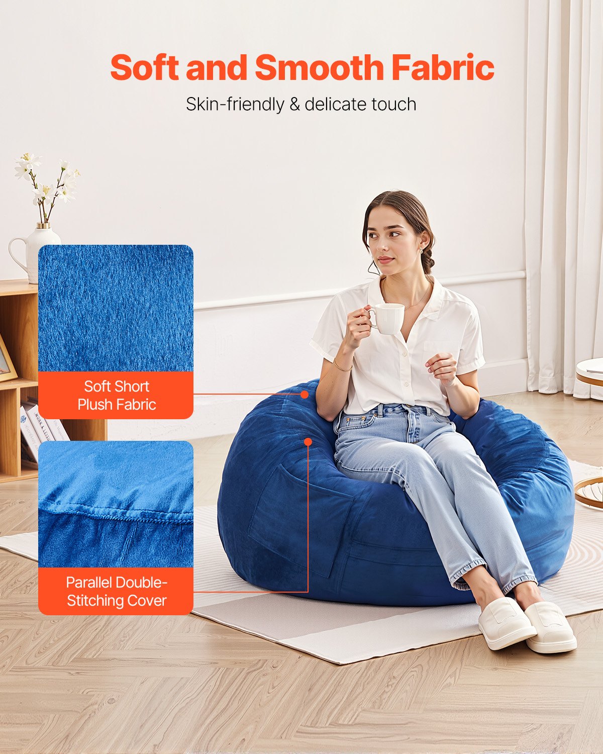 91cm Round Bean Bag Chair with Memory Foam and Removable Cover Blue