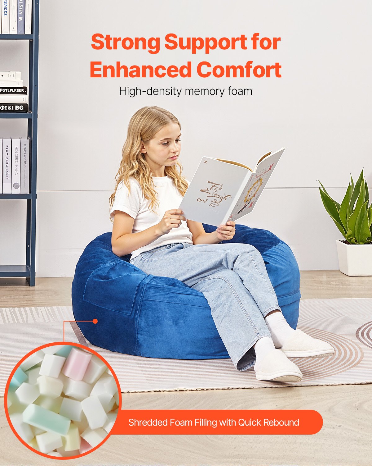 91cm Round Bean Bag Chair with Memory Foam and Removable Cover Blue