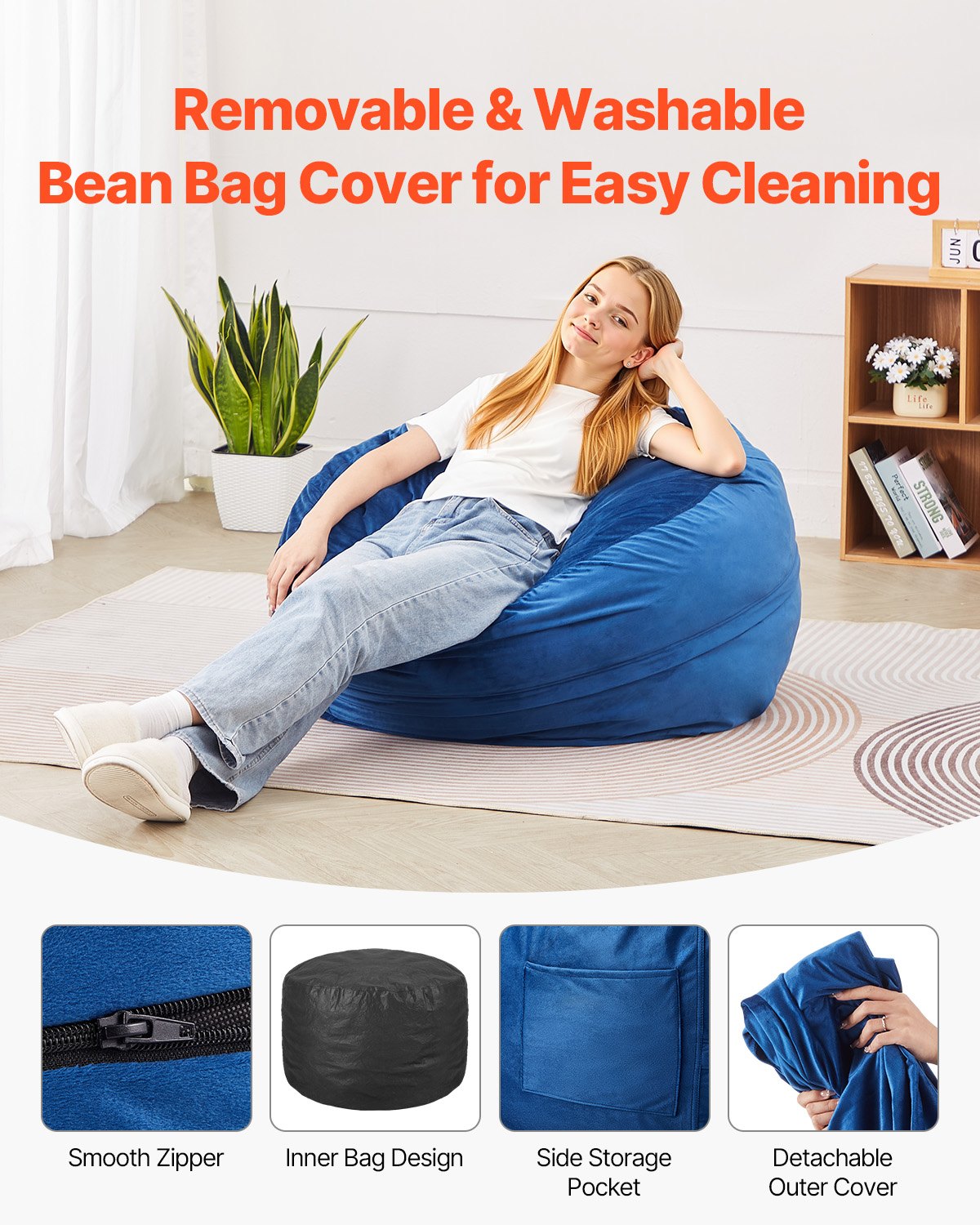 91cm Round Bean Bag Chair with Memory Foam and Removable Cover Blue