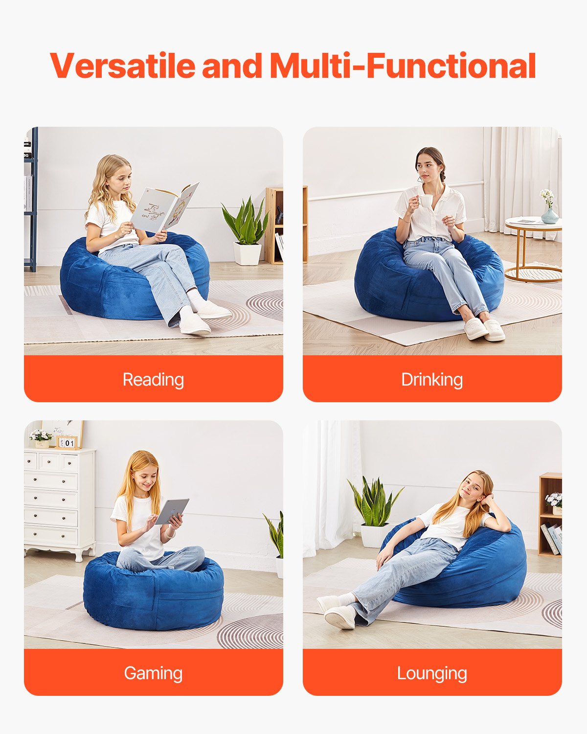 91cm Round Bean Bag Chair with Memory Foam and Removable Cover Blue