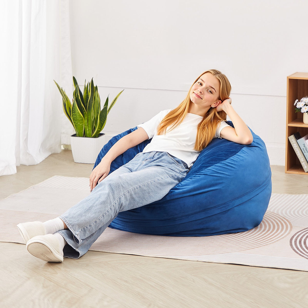 91cm Round Bean Bag Chair with Memory Foam and Removable Cover Blue
