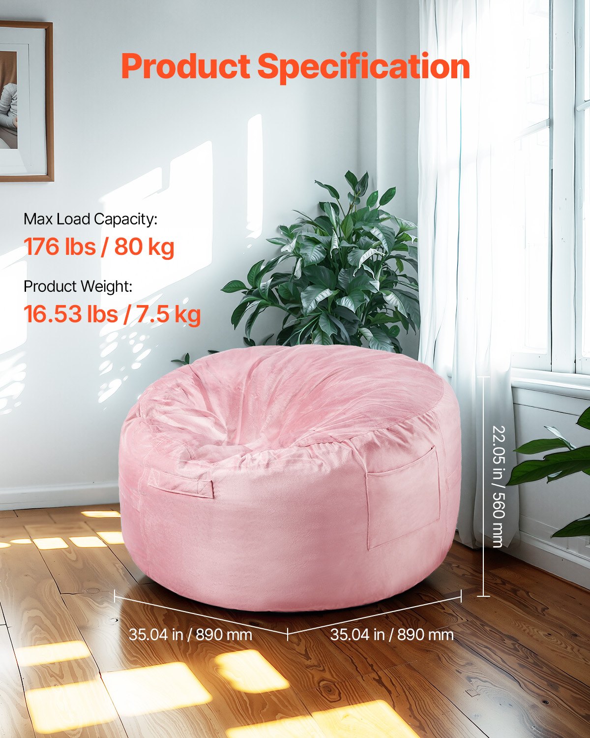 Bean Bag Chair 91cm Round Memory Foam with Removable Washable Dutch Velvet Blue