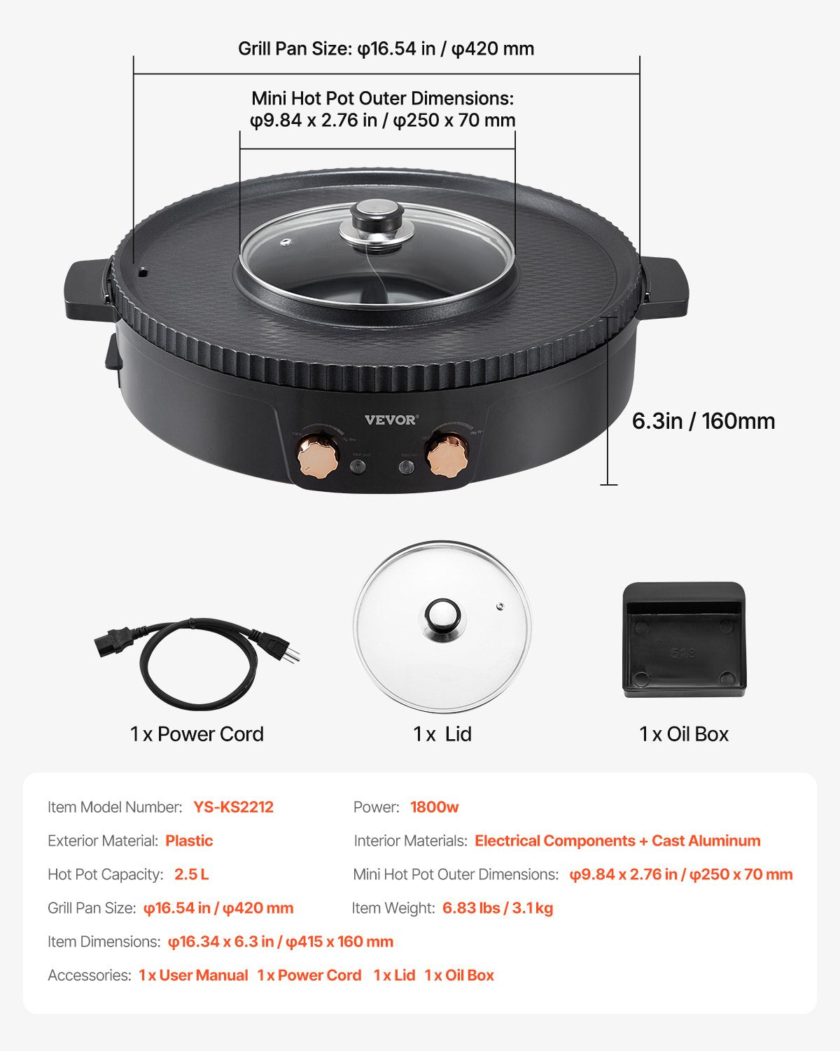 Hot Pot with Grill 1800W 2-in-1 Electric Smokeless Korean BBQ Shabu Dual Temp