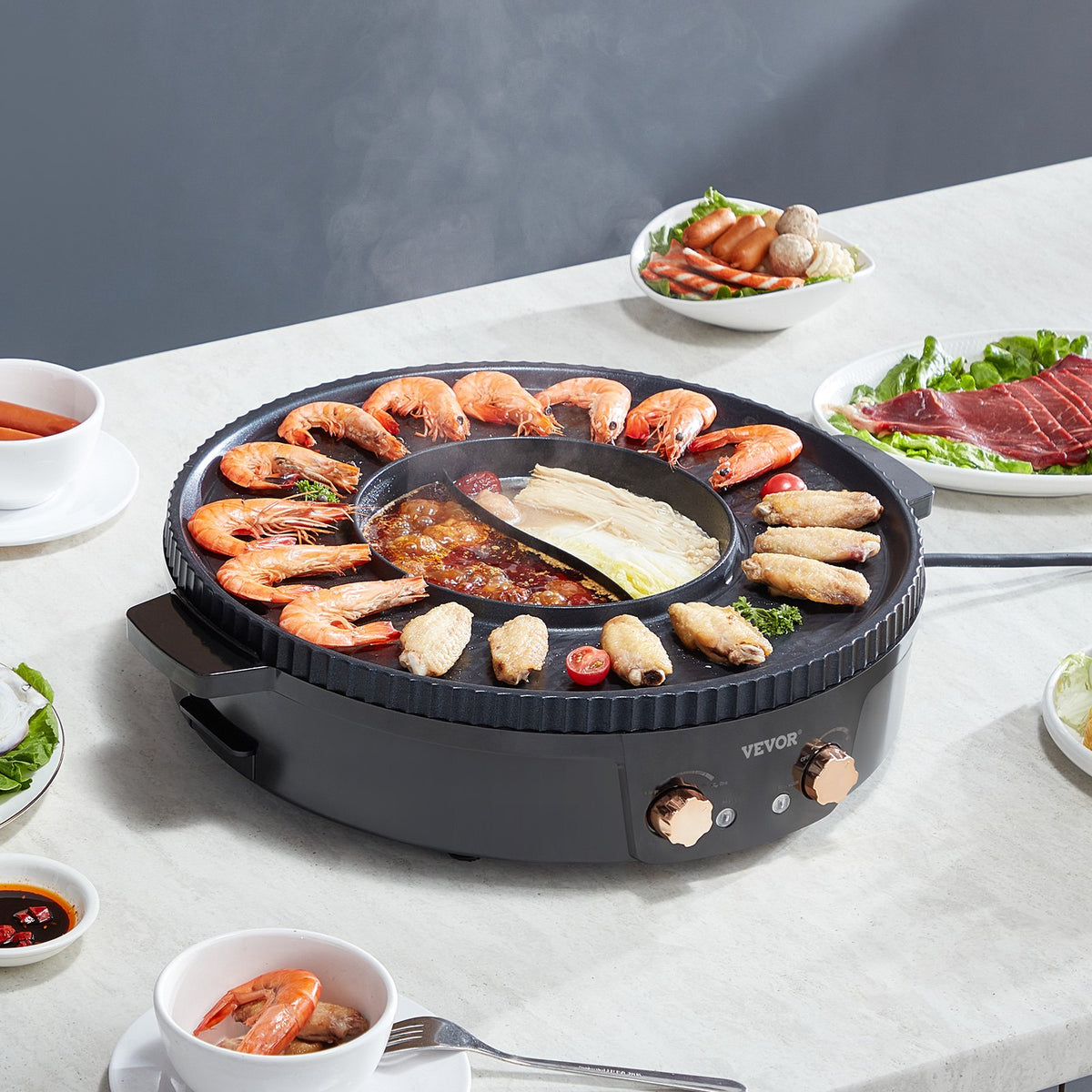 Hot Pot with Grill 1800W 2-in-1 Electric Smokeless Korean BBQ Shabu Dual Temp