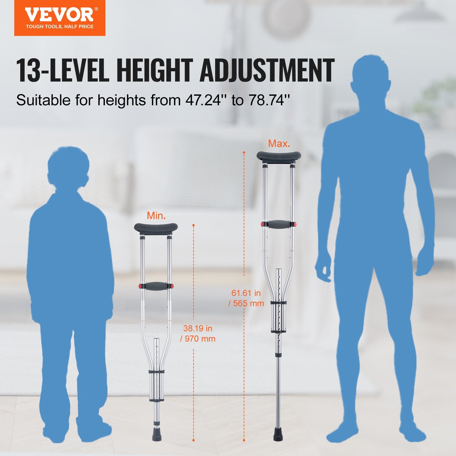 Adjustable Underarm Crutches 13-Level Aluminum Lightweight Pair 300lbs Capacity