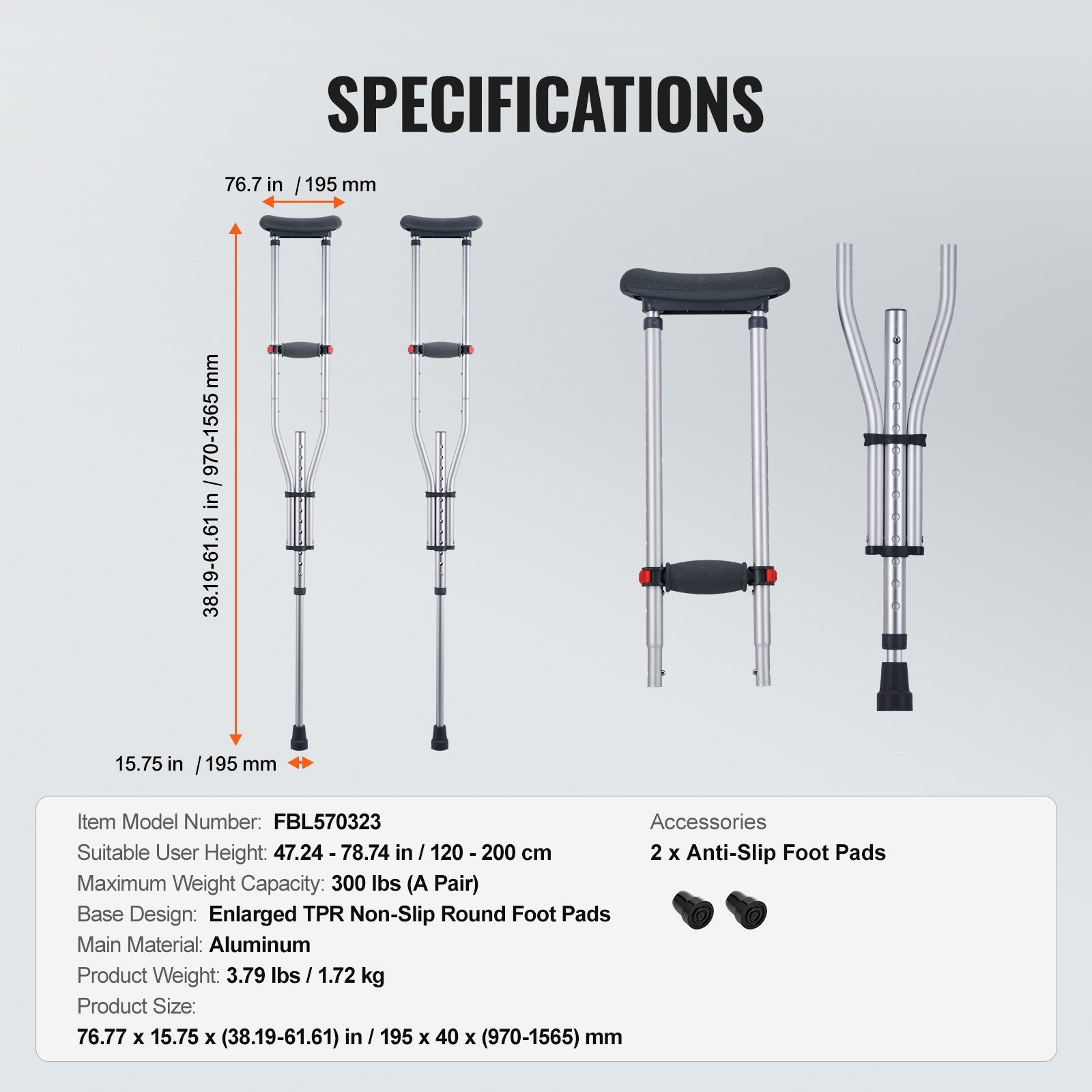 Adjustable Underarm Crutches 13-Level Aluminum Lightweight Pair 300lbs Capacity