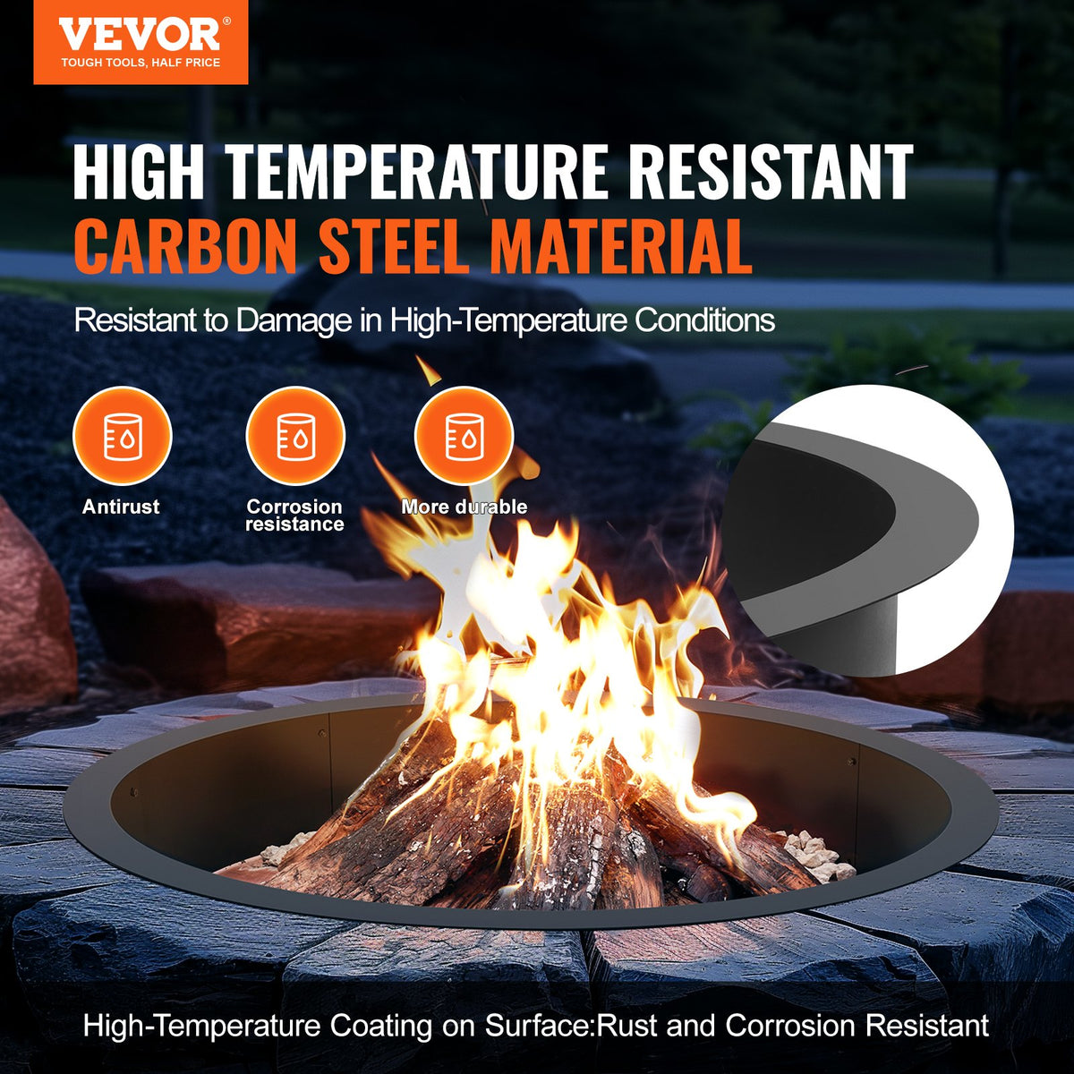 40" Square Fire Pit Ring, 36" Inner, 8.5" Height, Heavy Duty Carbon Steel