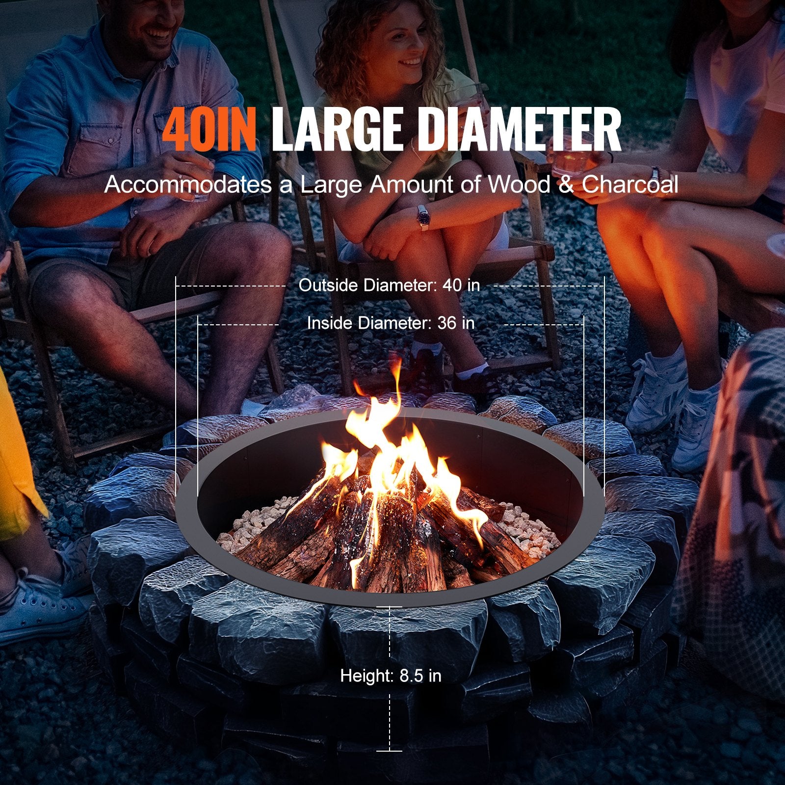 40" Square Fire Pit Ring, 36" Inner, 8.5" Height, Heavy Duty Carbon Steel
