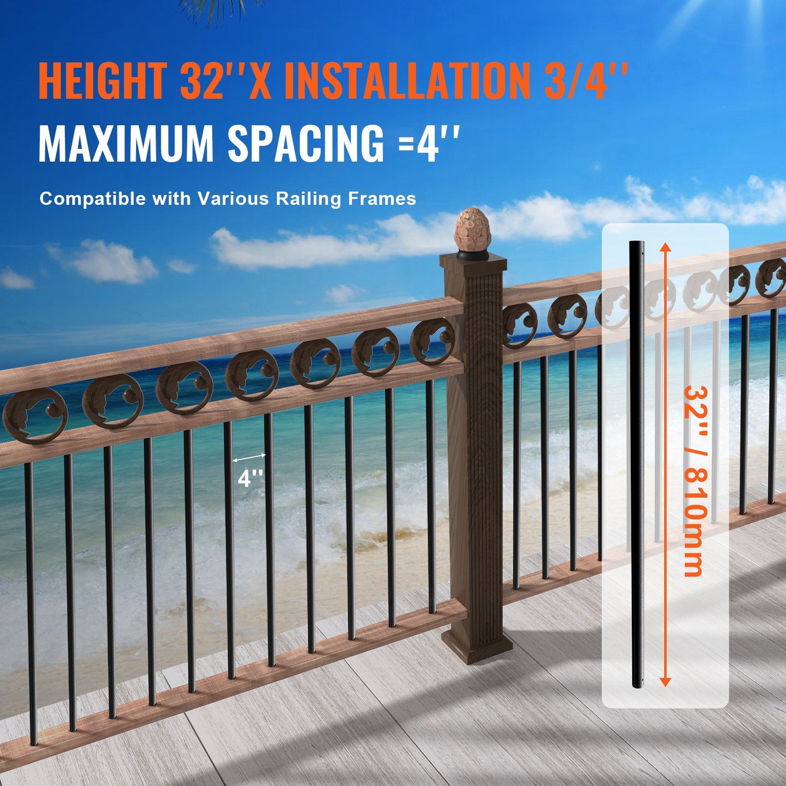 101 Pack Staircase Metal Balusters 3/4'' x 32'' Aluminum Spindles Satin Black