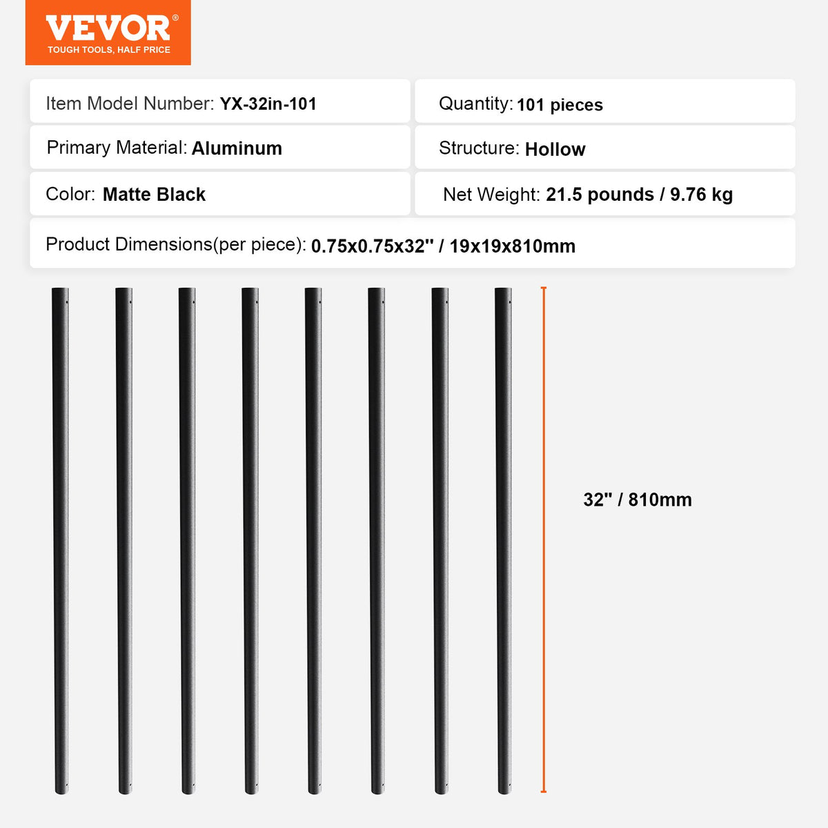 101 Pack Staircase Metal Balusters 3/4'' x 32'' Aluminum Spindles Satin Black