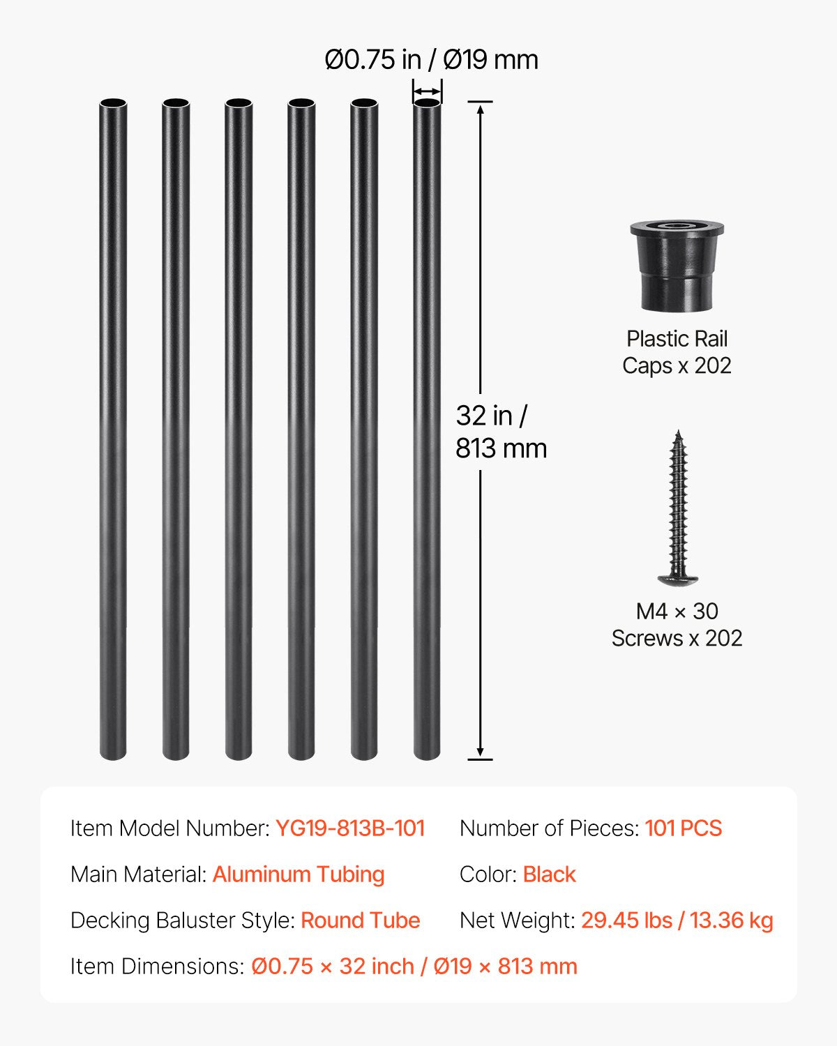 Aluminum Stair Balusters 101 Pack 32" 3/4" Round Metal Spindles Caps Screws