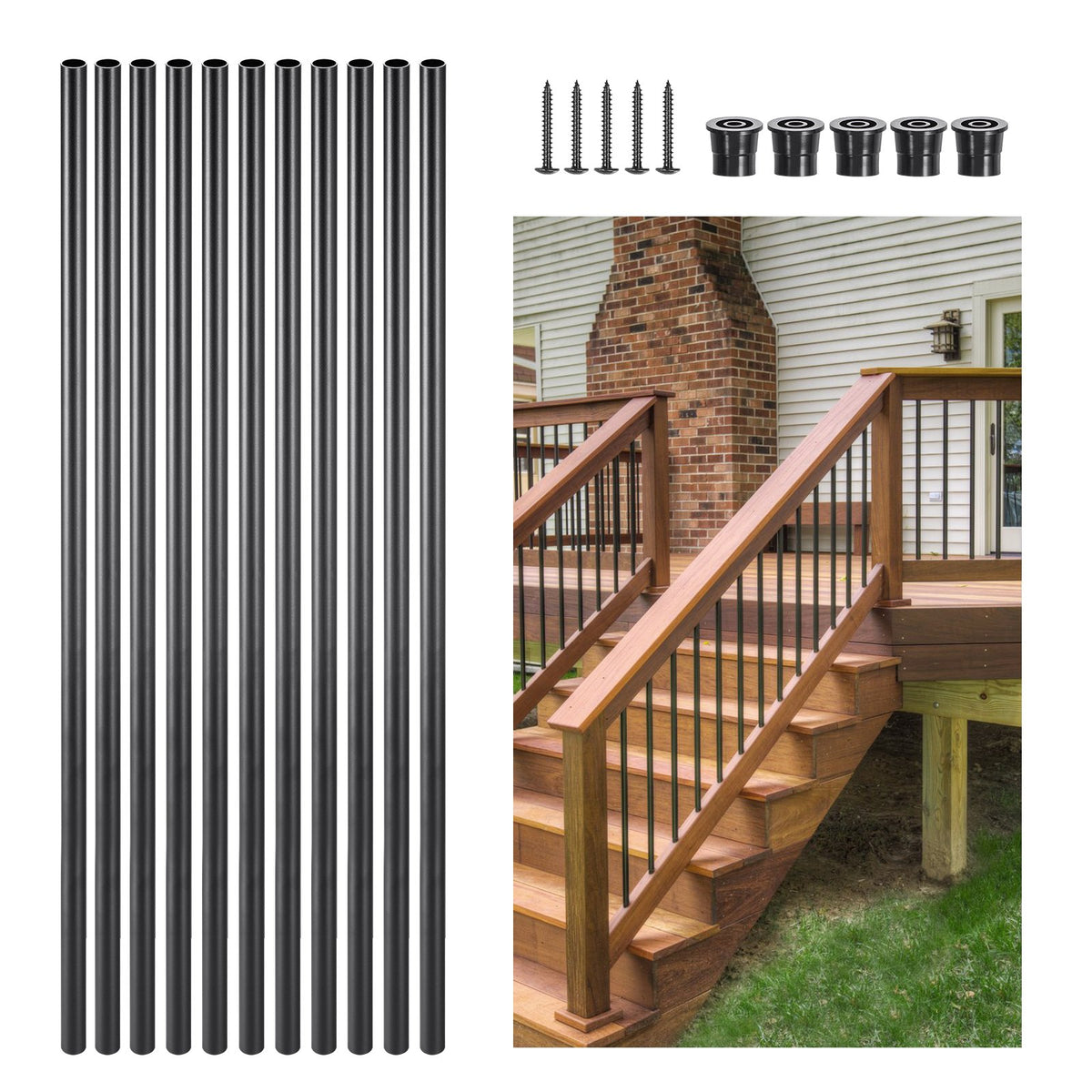 Aluminum Stair Balusters 101 Pack 32" 3/4" Round Metal Spindles Caps Screws