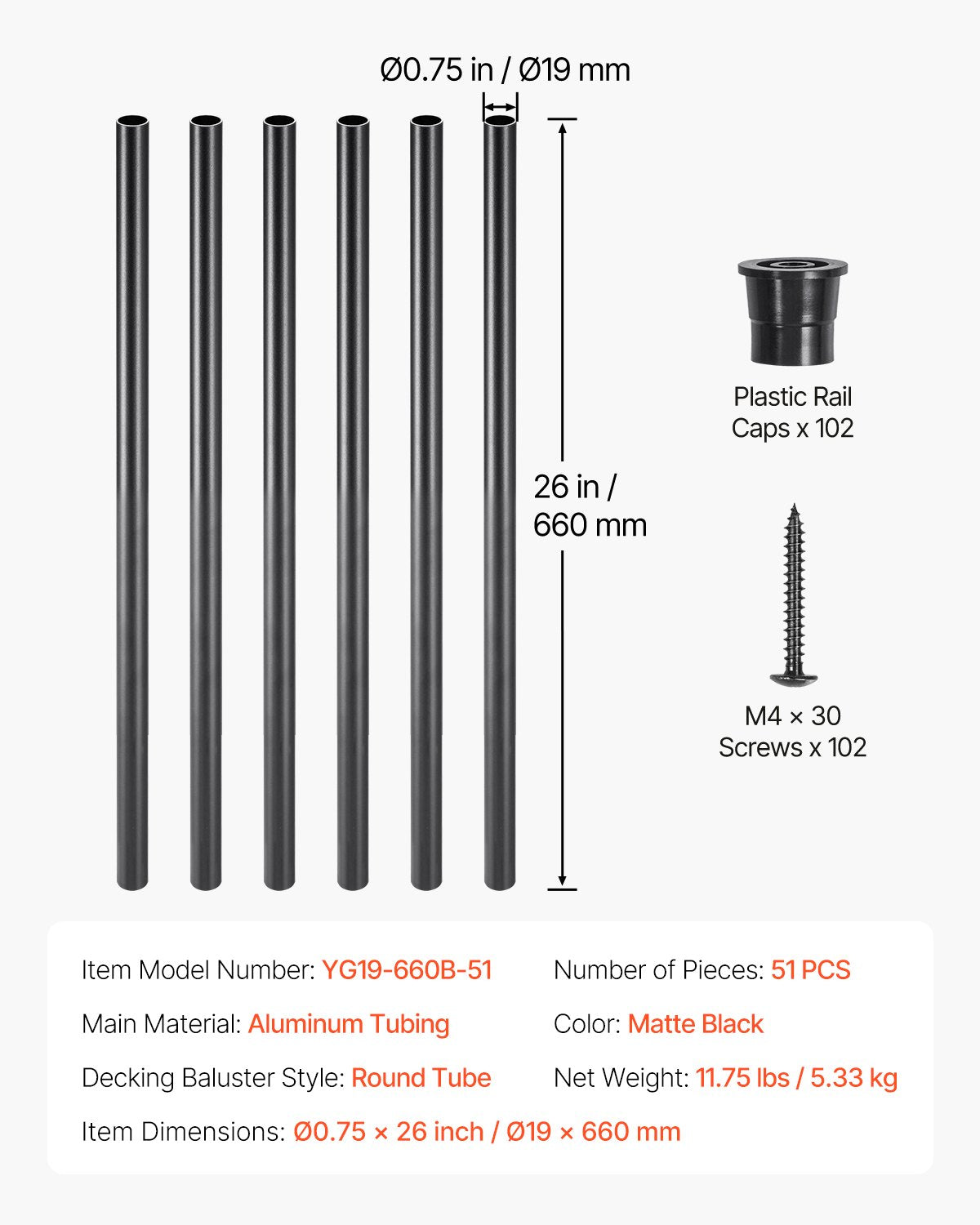 Aluminum Stair Balusters 51 Pack 660mm 19mm Round Metal Spindles Caps Screws