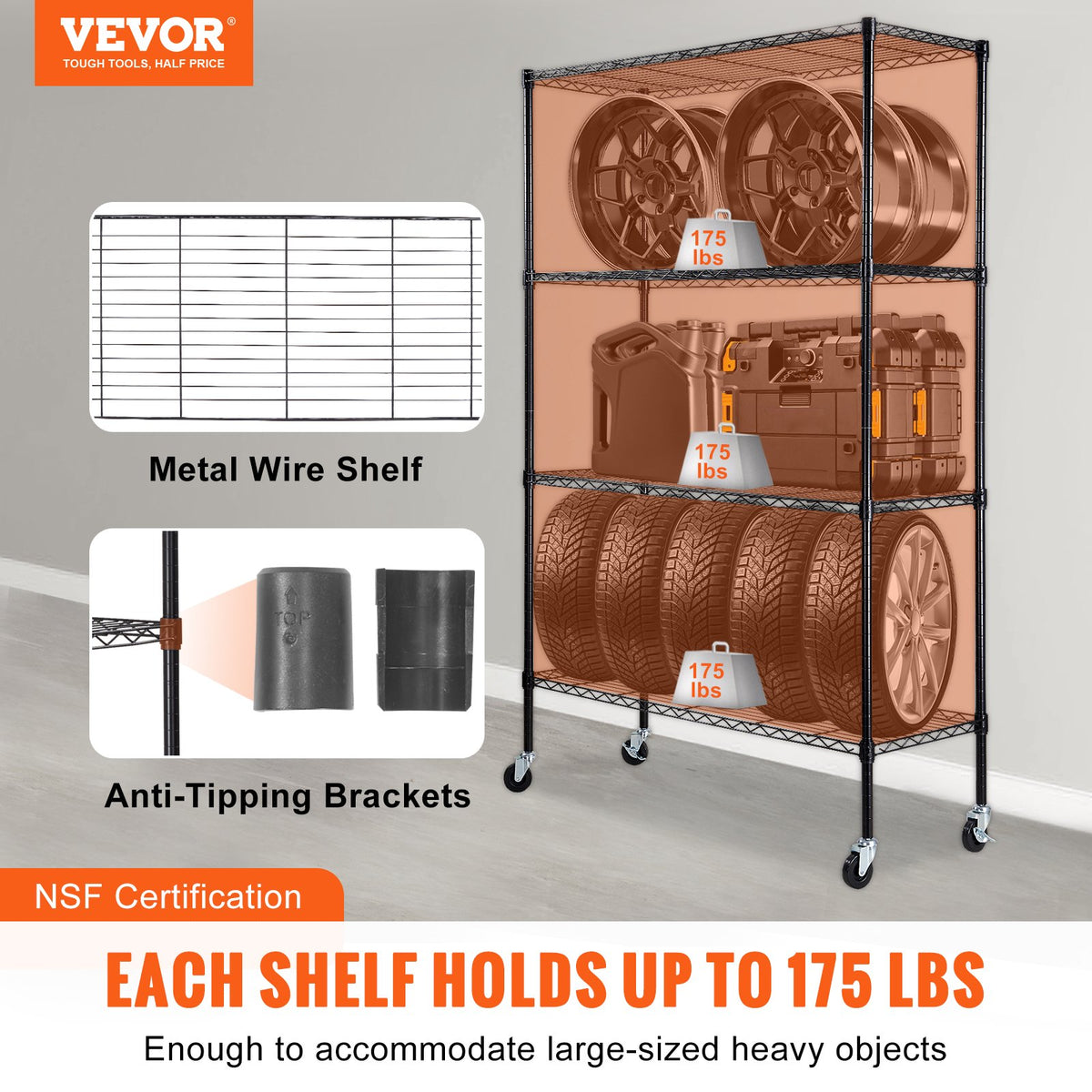 Storage Shelving Unit 4-Tier Heavy Duty Metal Garage Rack Wheels Black