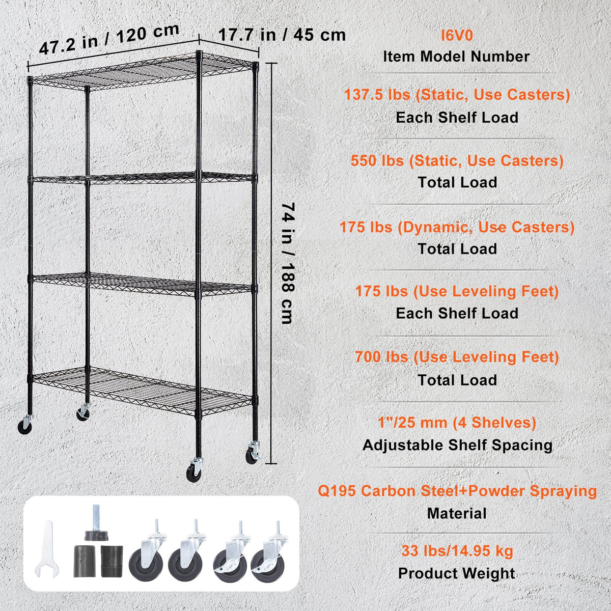 Storage Shelving Unit 4-Tier Heavy Duty Metal Garage Rack Wheels Black