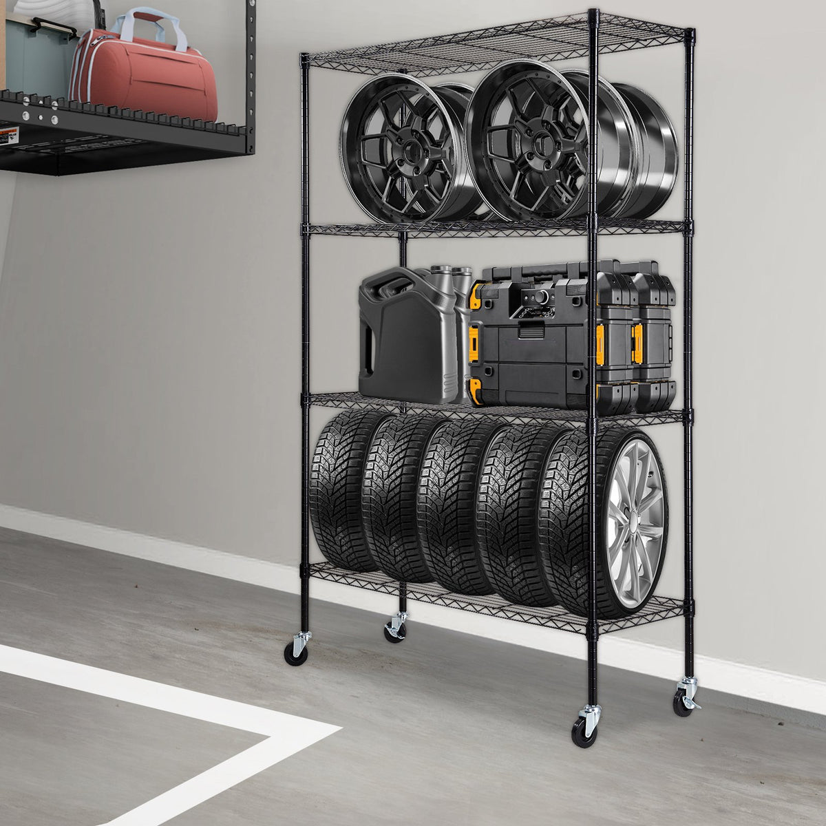 Storage Shelving Unit 4-Tier Heavy Duty Metal Garage Rack Wheels Black