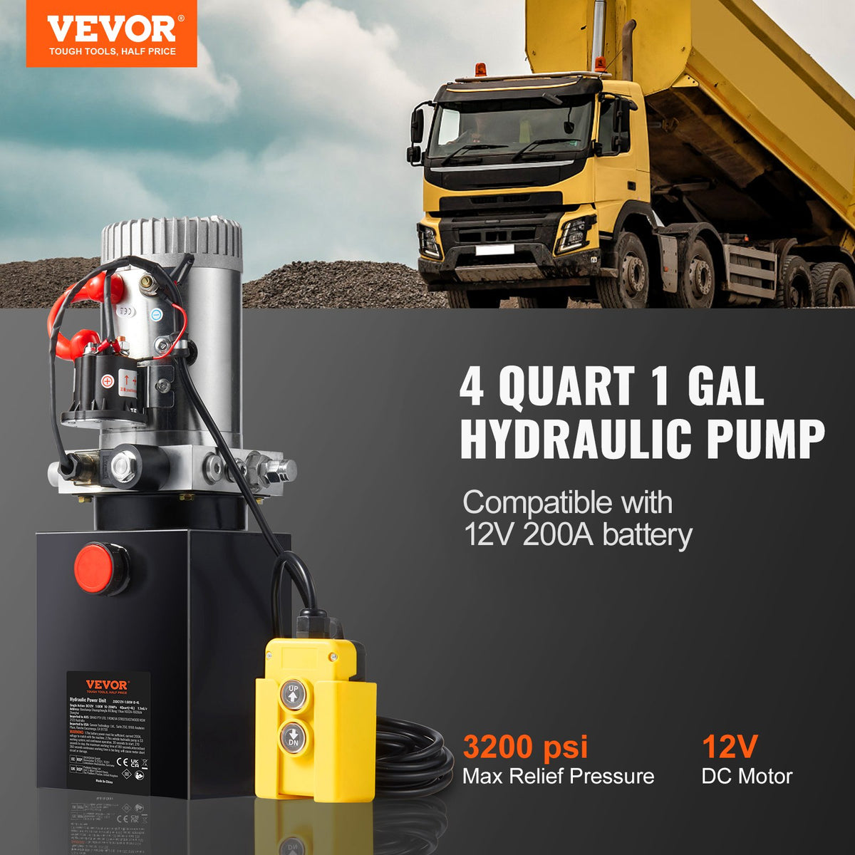 Hydraulic Pump 4 Quart Single Acting Dump Trailer 0.91 GPM 3200 PSI DC 12V