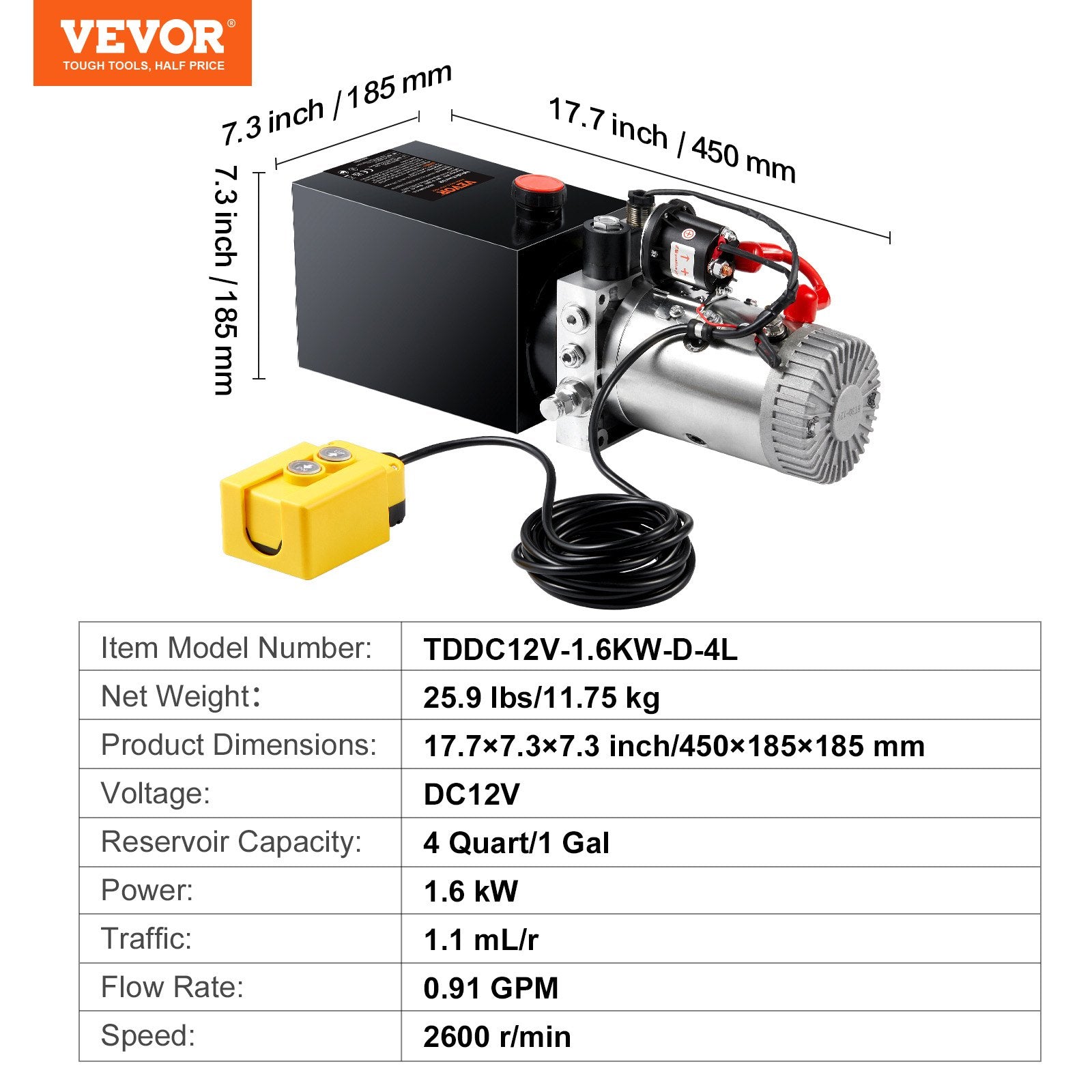 Hydraulic Pump 4 Quart Single Acting Dump Trailer 0.91 GPM 3200 PSI DC 12V