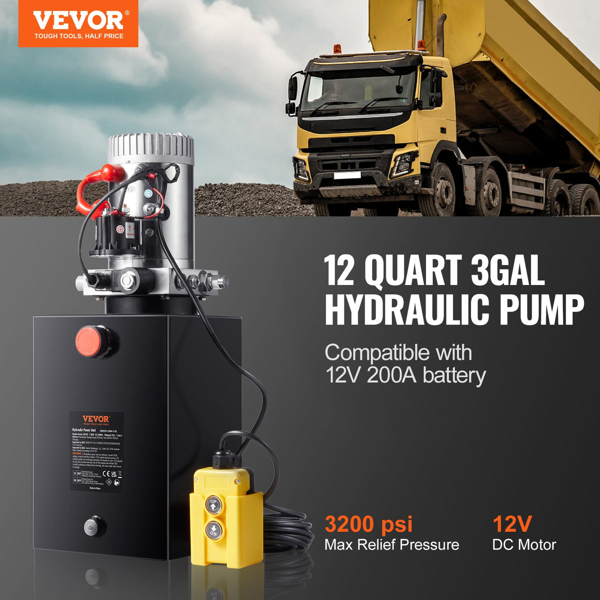 Hydraulic Pump 12Qt 12V Single Acting Dump Trailer 3200PSI 0.91GPM Power Unit