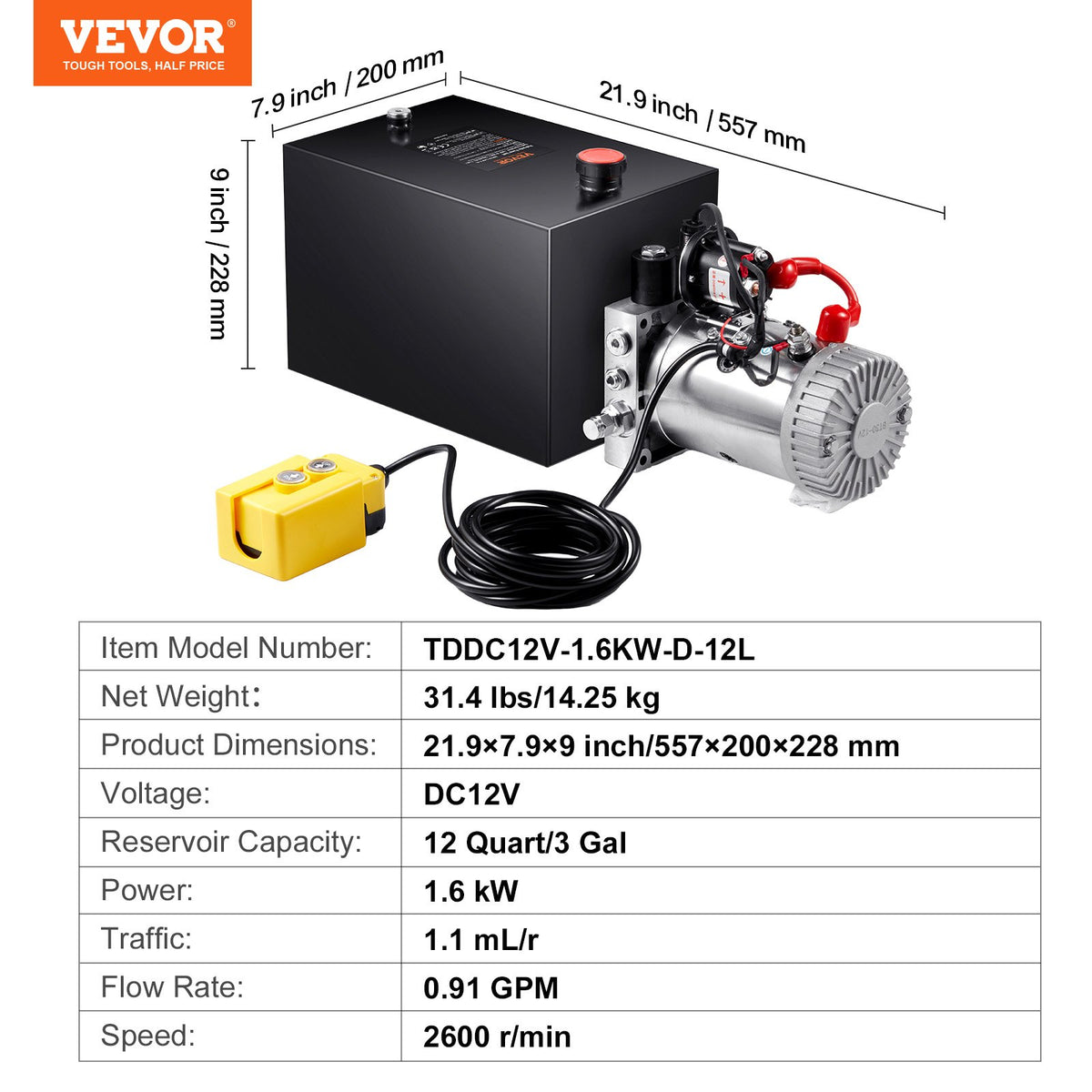 Hydraulic Pump 12Qt 12V Single Acting Dump Trailer 3200PSI 0.91GPM Power Unit