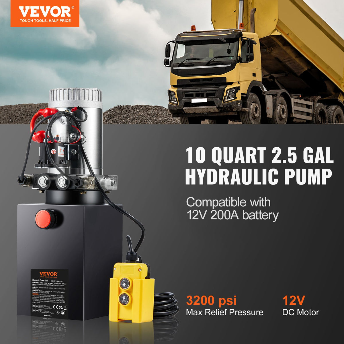 10 Quart Hydraulic Pump, Double Acting, 0.91 GPM, 3200 PSI, 12V for Dump Trailer