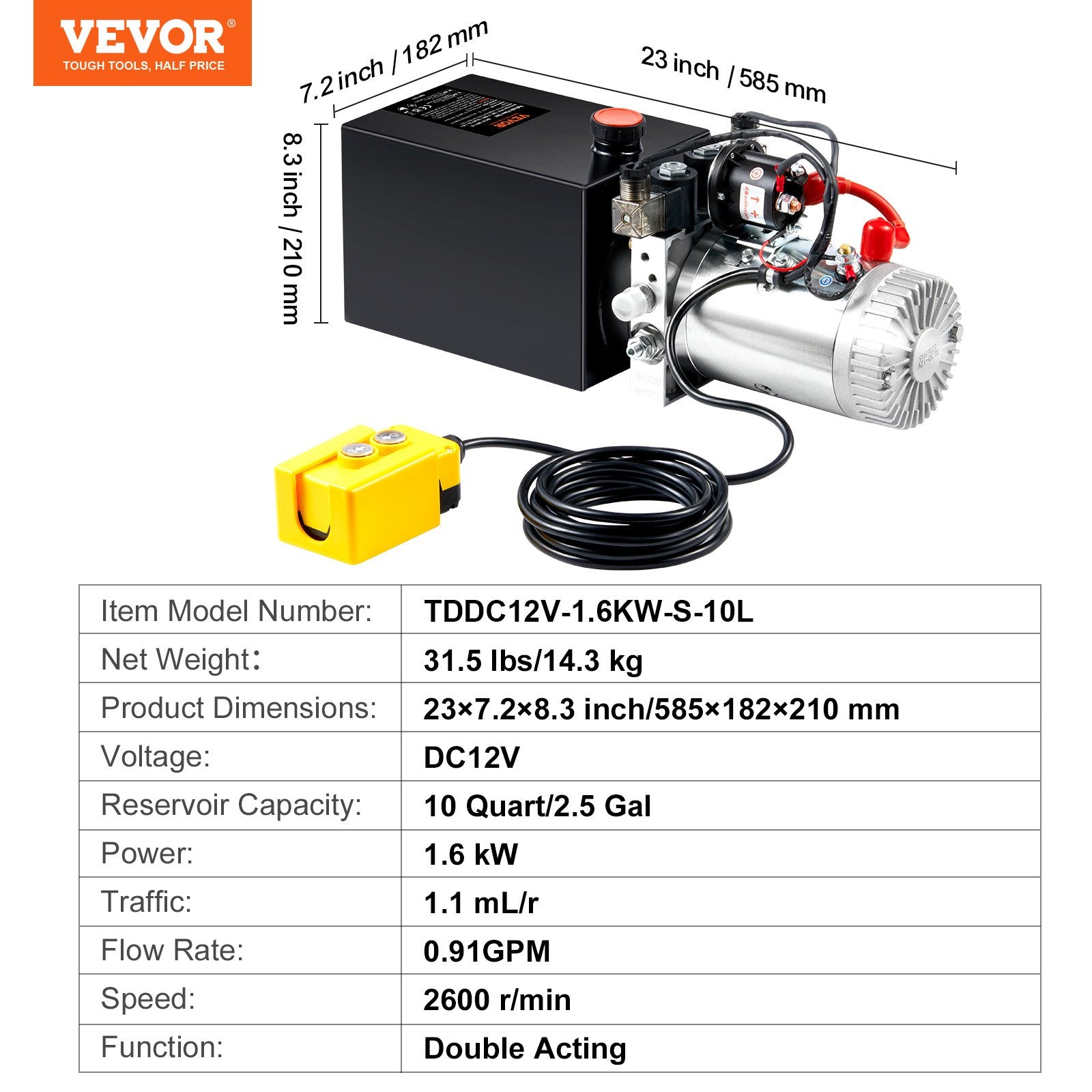 10 Quart Hydraulic Pump, Double Acting, 0.91 GPM, 3200 PSI, 12V for Dump Trailer