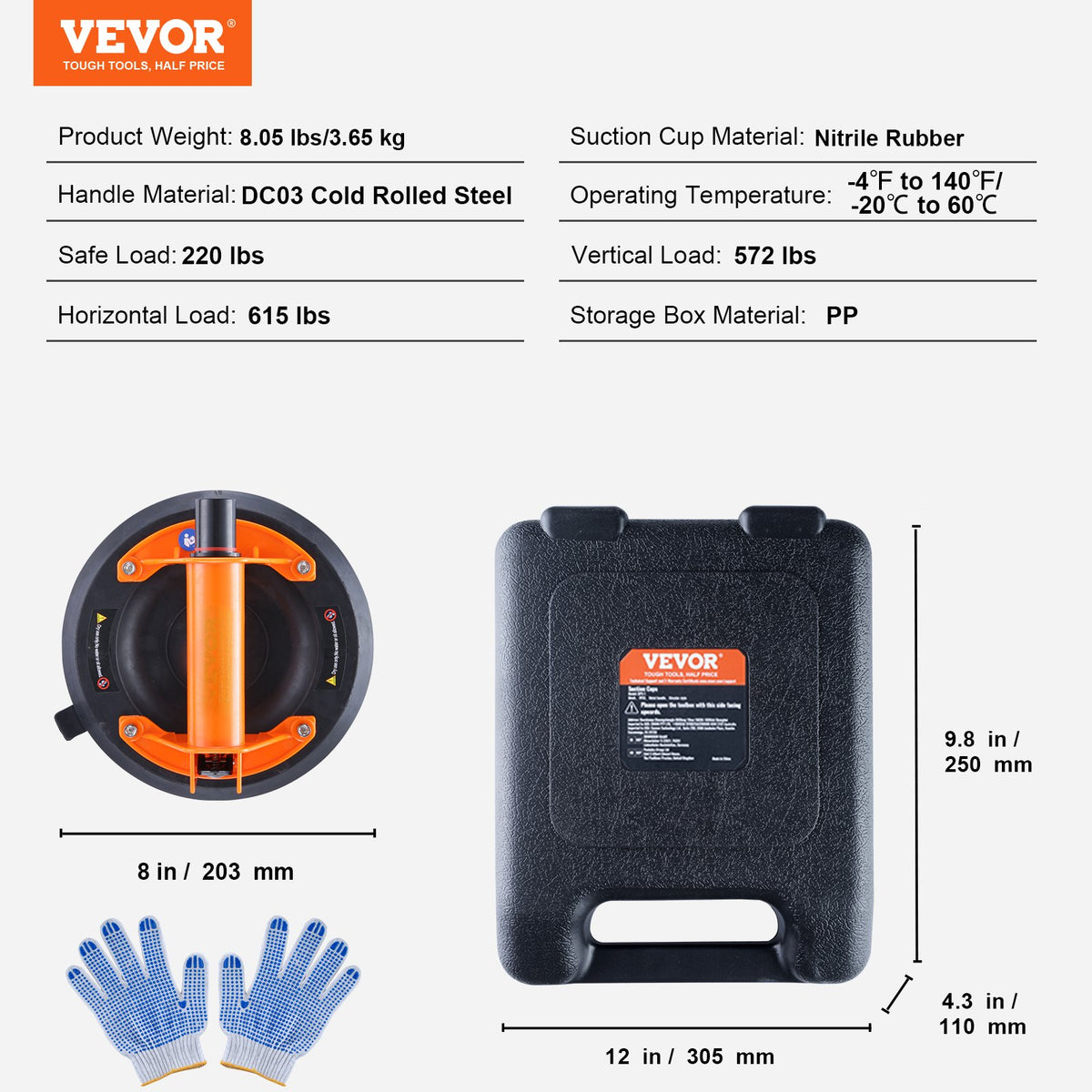 Glass Suction Cup 203mm 2 Pack 278kg Capacity with Steel Handle Carry Box