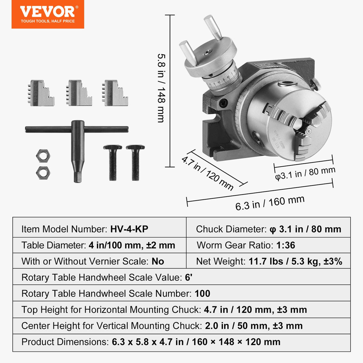 4 in Rotary Table Milling Machine with 3-Jaw Chuck Precision Indexing Tool Kit
