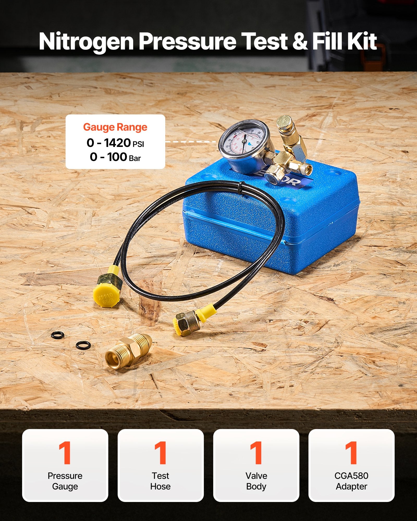 Hydraulic Nitrogen Accumulator Charging Kit 0-100 Bar w/ Gauge & Hose System