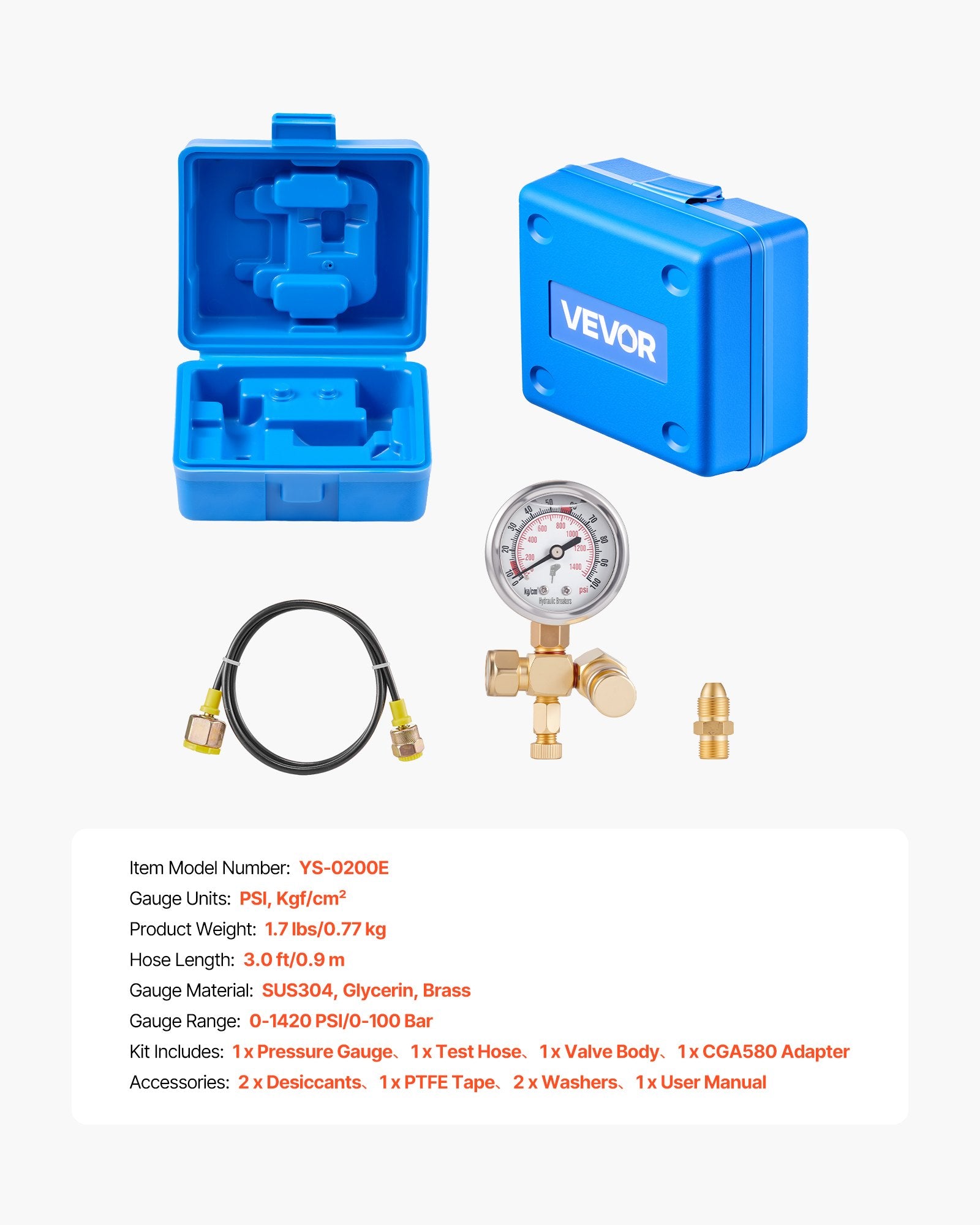 Hydraulic Nitrogen Accumulator Charging Kit 0-100 Bar w/ Gauge & Hose System