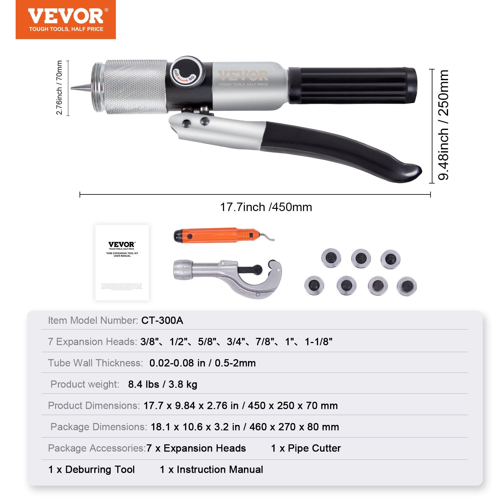 Hydraulic Tube Expander 3/8 to 1-1/8in OD HVAC 7 Heads Deburring Pipe Cutter