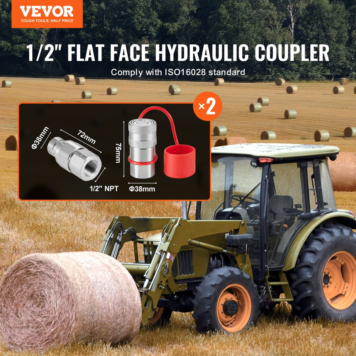 Hydraulic Couplers 1/2 Inch Flat Face NPT Skid Steer Quick Connect Dust Caps