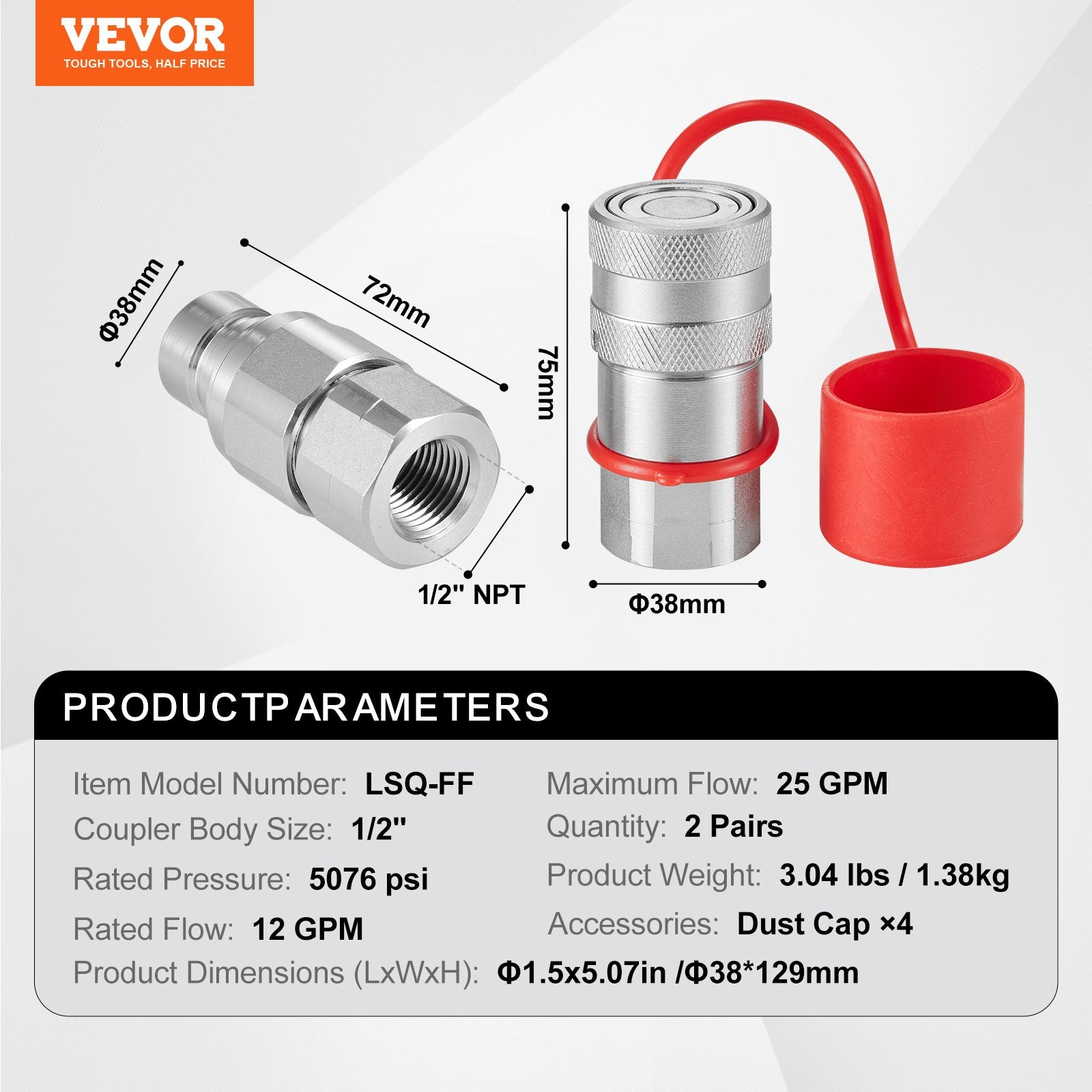 Hydraulic Couplers 1/2 Inch Flat Face NPT Skid Steer Quick Connect Dust Caps
