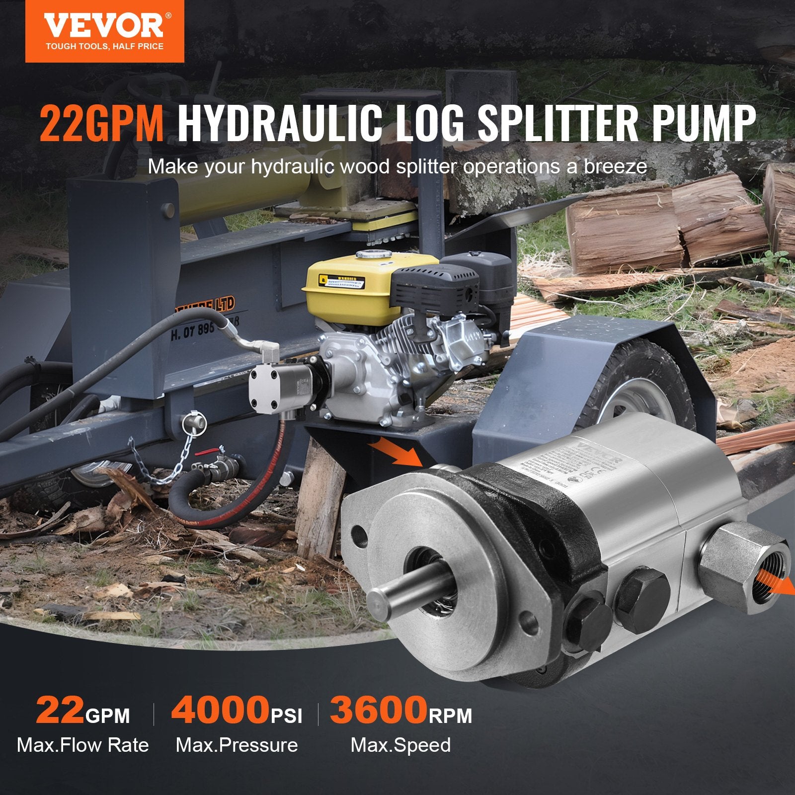 22GPM 2-Stage Hydraulic Log Splitter Pump 4000PSI Aluminum Gear