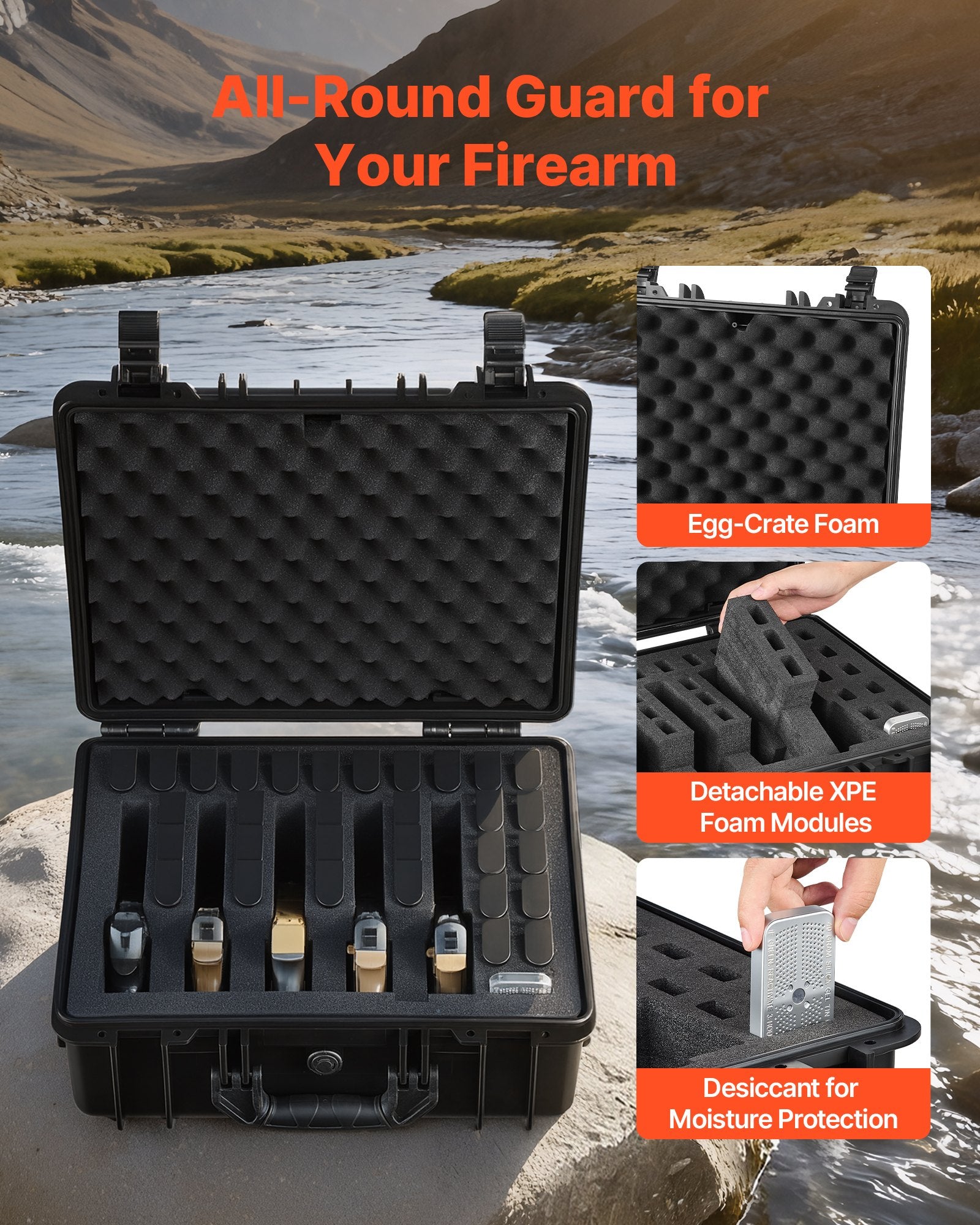 Hard Waterproof Pistol Storage Case with XPE Foam Modular Gun Box