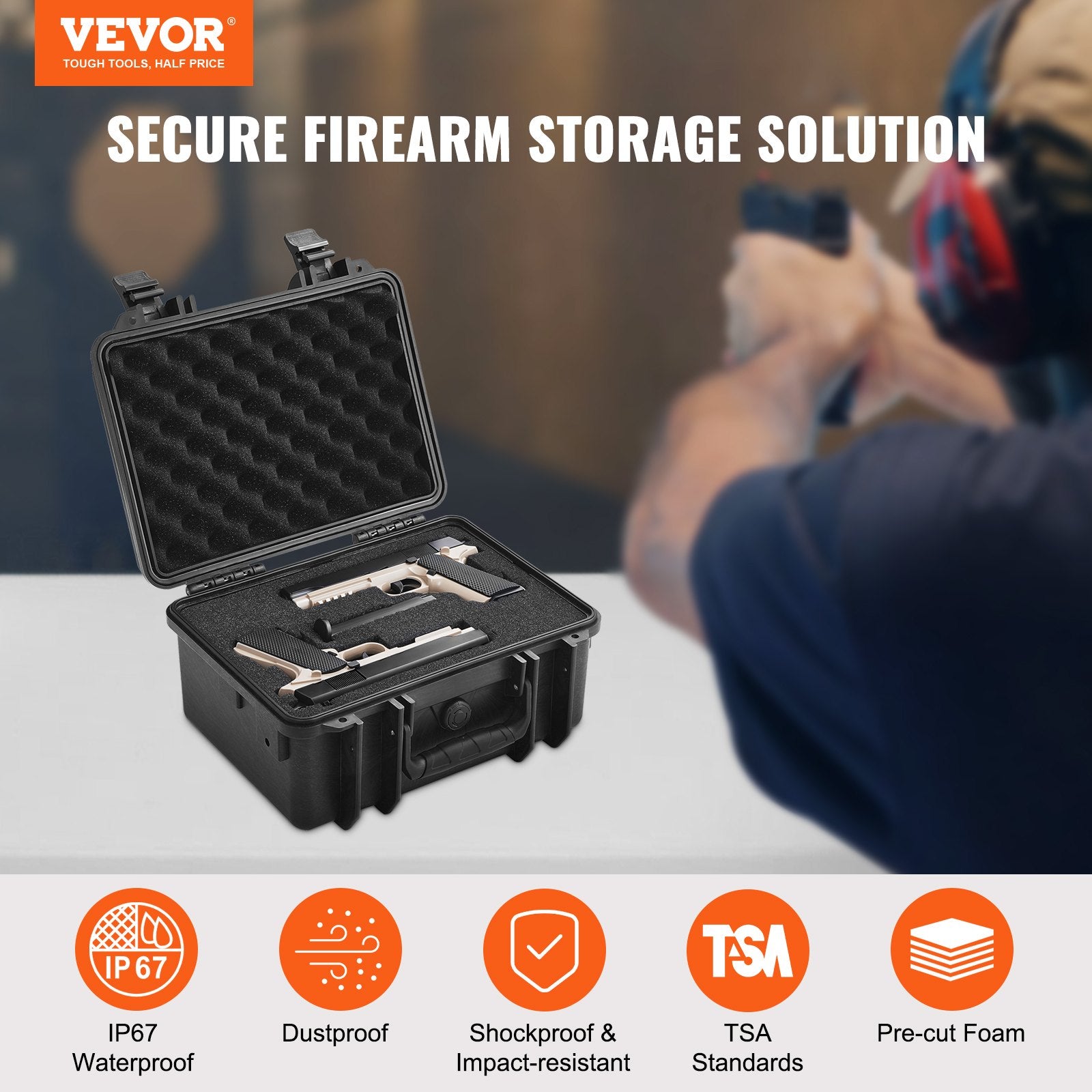 Hard Pistol Case for 2 Pistols Waterproof Lockable with Pre-cut Foam Black