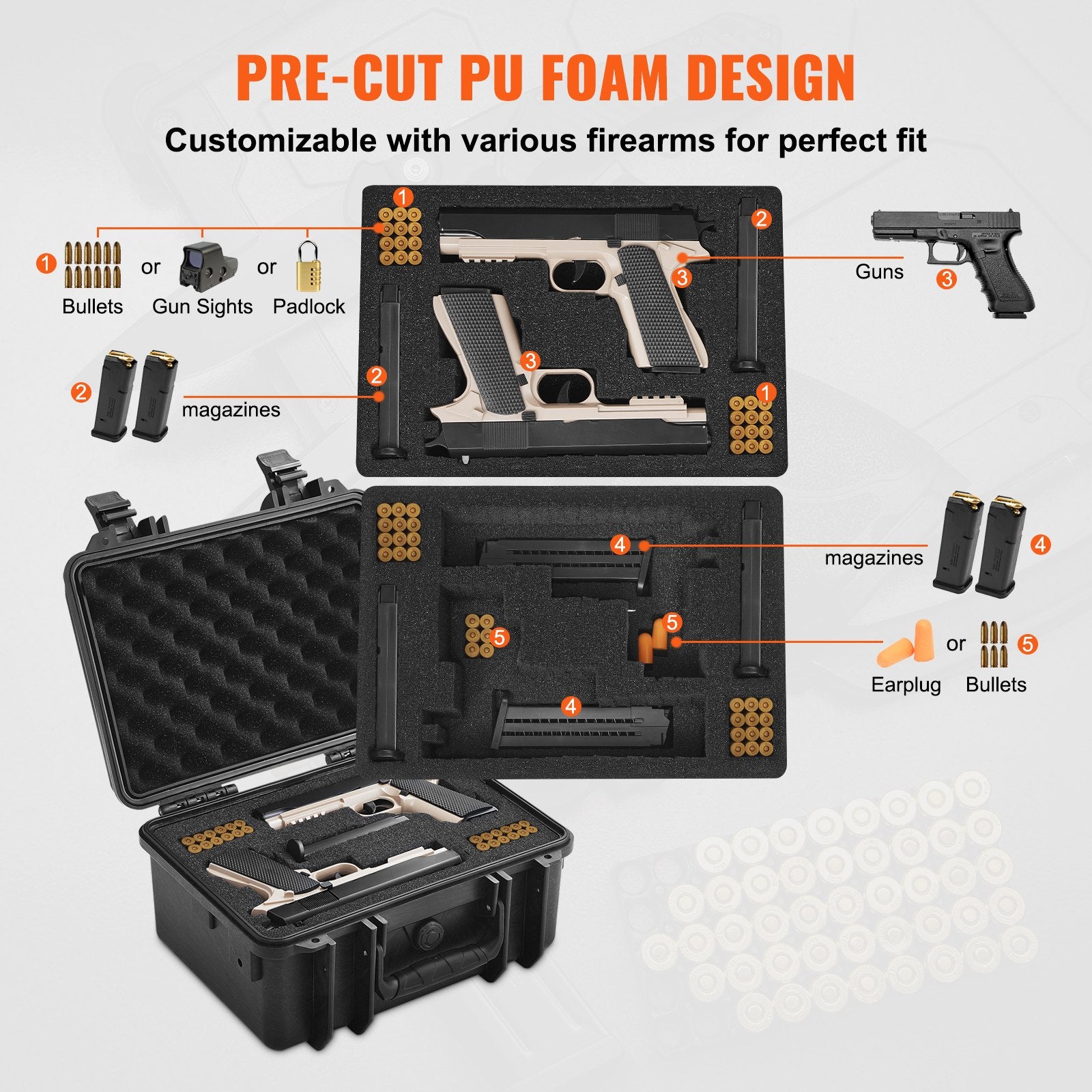 Hard Pistol Case for 2 Pistols Waterproof Lockable with Pre-cut Foam Black