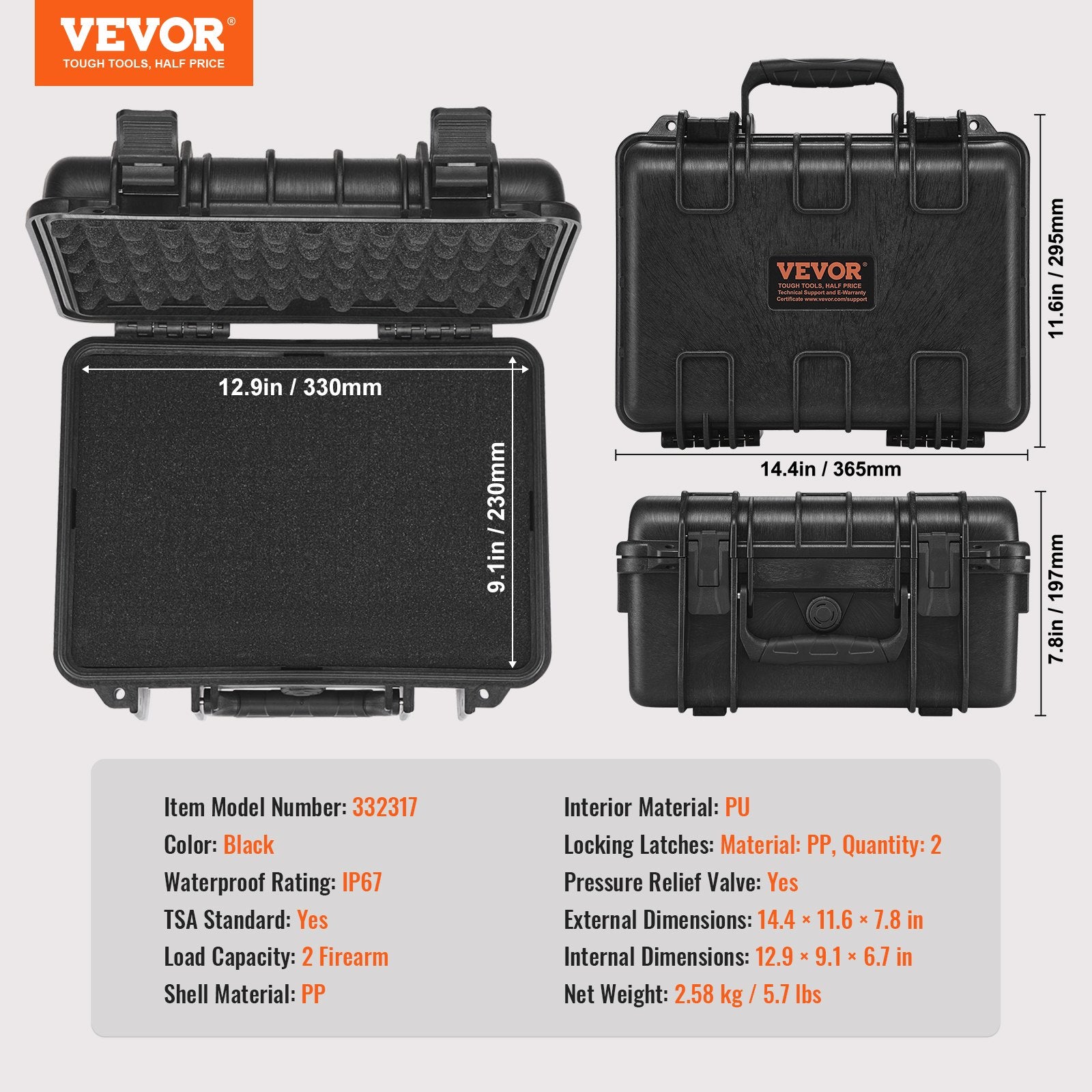 Hard Pistol Case for 2 Pistols Waterproof Lockable with Pre-cut Foam Black