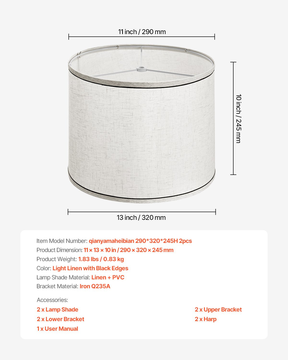 Lamp Shade 2Set 29x32x24.5cm Spider Fitter Linen with Black Edge Table Floor