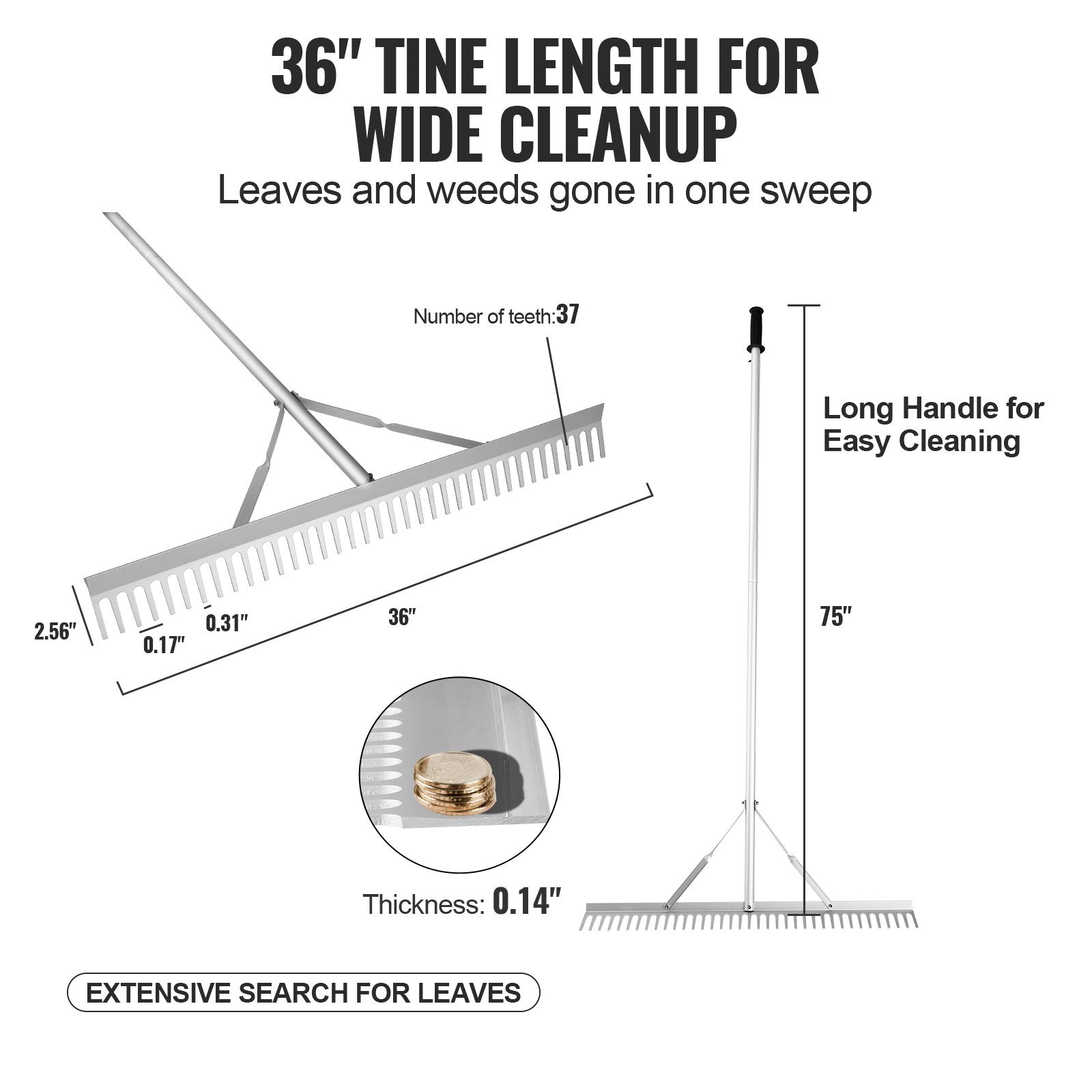 Landscape Rake 915mm Aluminum Lake Weed Rake 1915mm Handle Garden Pond Tool