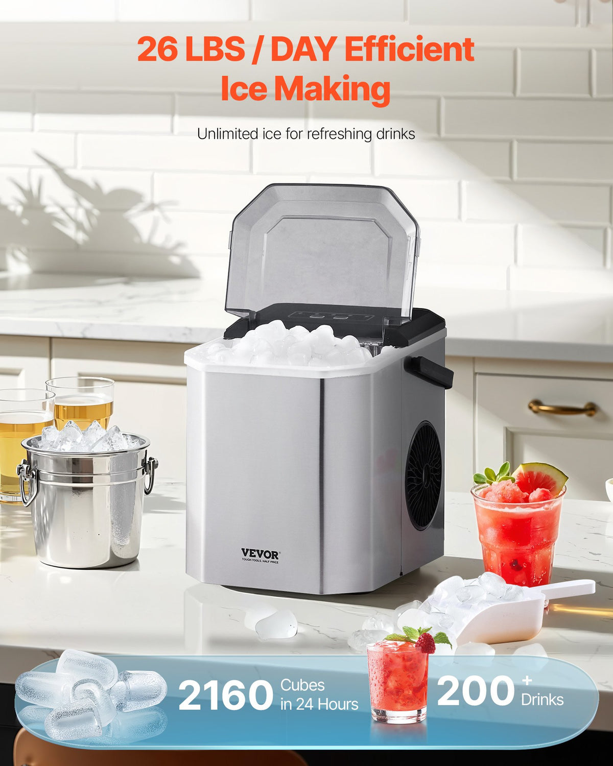 Countertop Ice Maker, 26lbs/24H 9-Cube Quick Self-Cleaning Portable with Scoop
