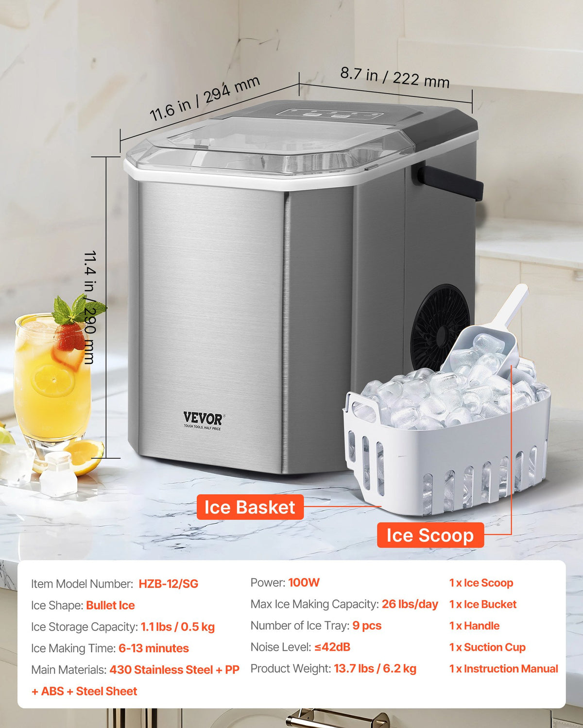 Countertop Ice Maker, 26lbs/24H 9-Cube Quick Self-Cleaning Portable with Scoop